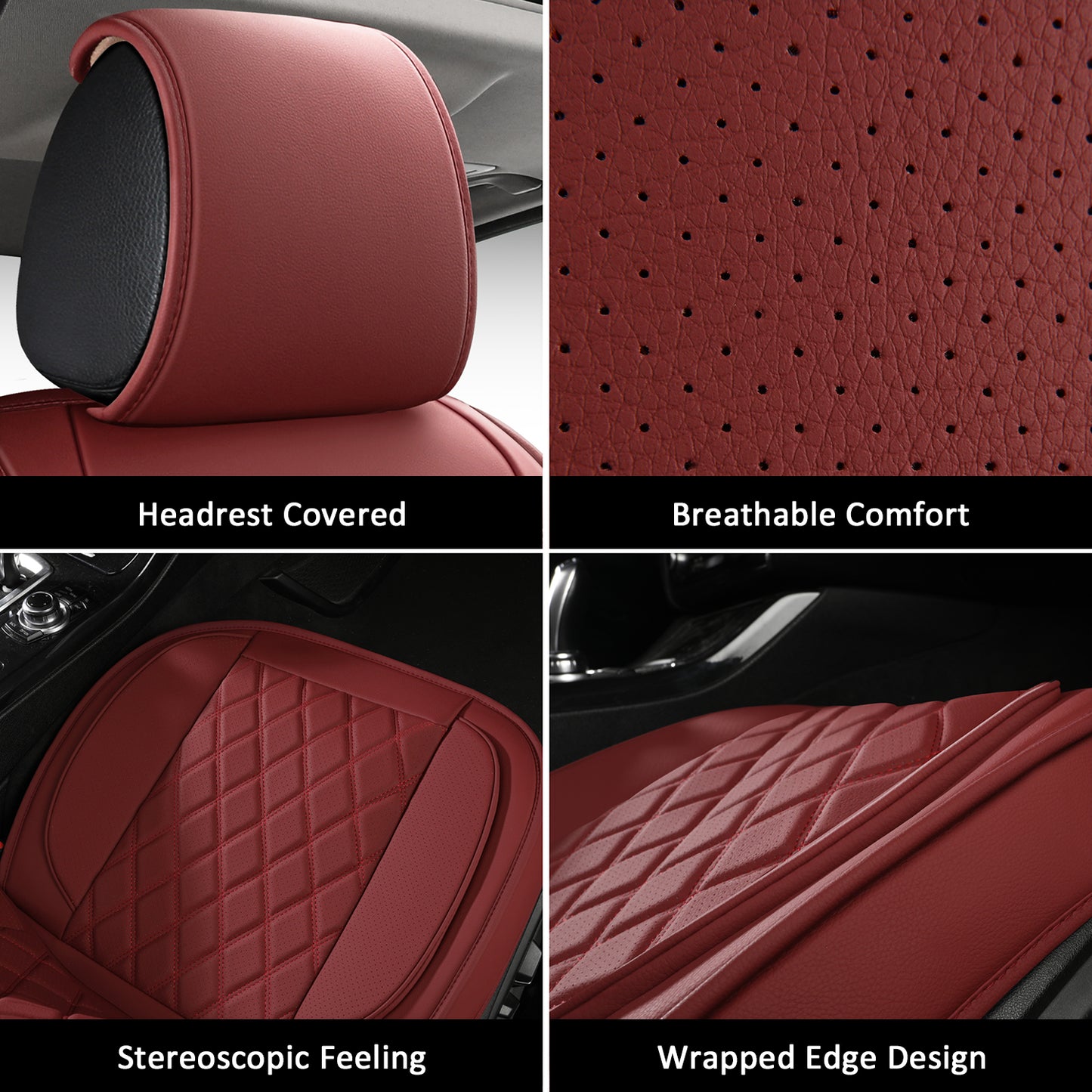 Rhombus Solid Color Luxury Leather Car Seat Cover Universal Fit Wine