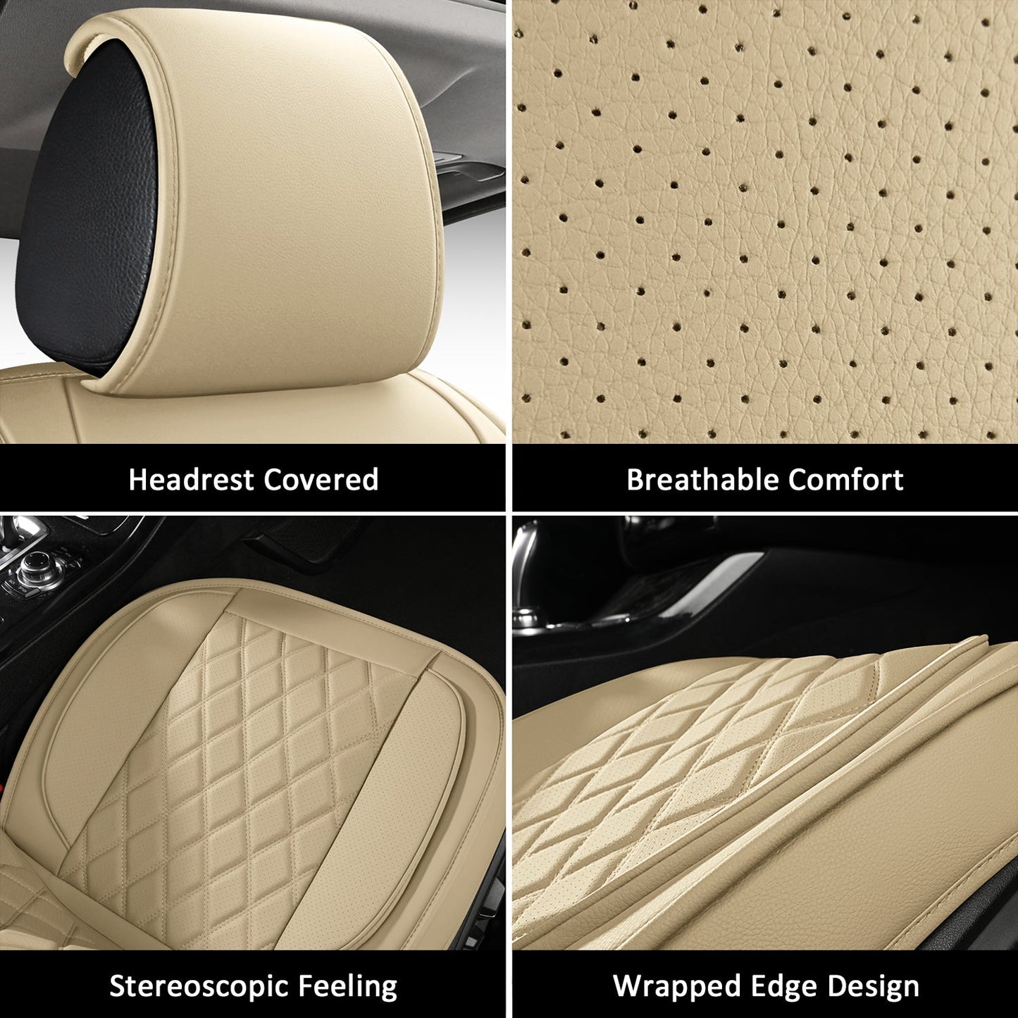 LINGVIDO Waterproof Faux Leather Automotive Seat Covers, Sport Cushion Protector for Cars & SUV Trucks Universal Fit Carseat Protector (Front only, Beige)