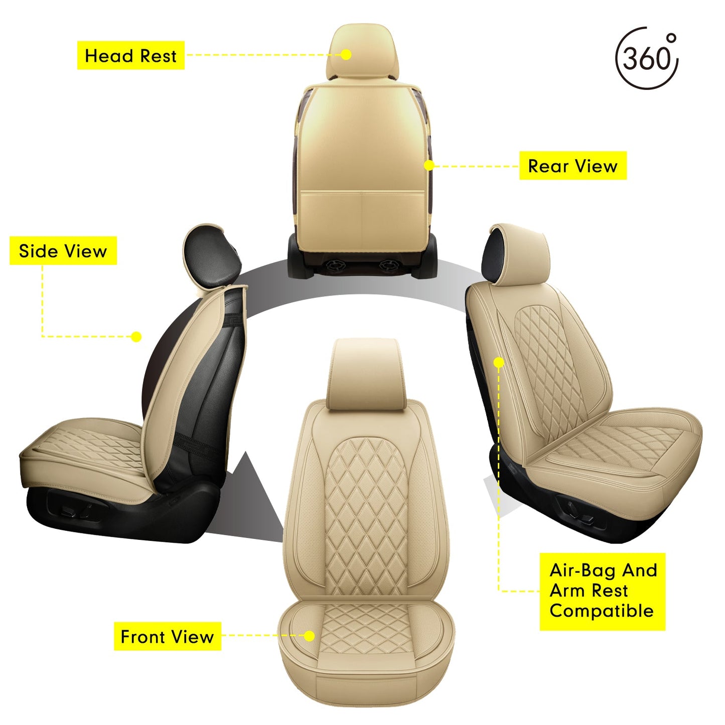 LINGVIDO Waterproof Faux Leather Automotive Seat Covers, Sport Cushion Protector for Cars & SUV Trucks Universal Fit Carseat Protector (Front only, Beige)