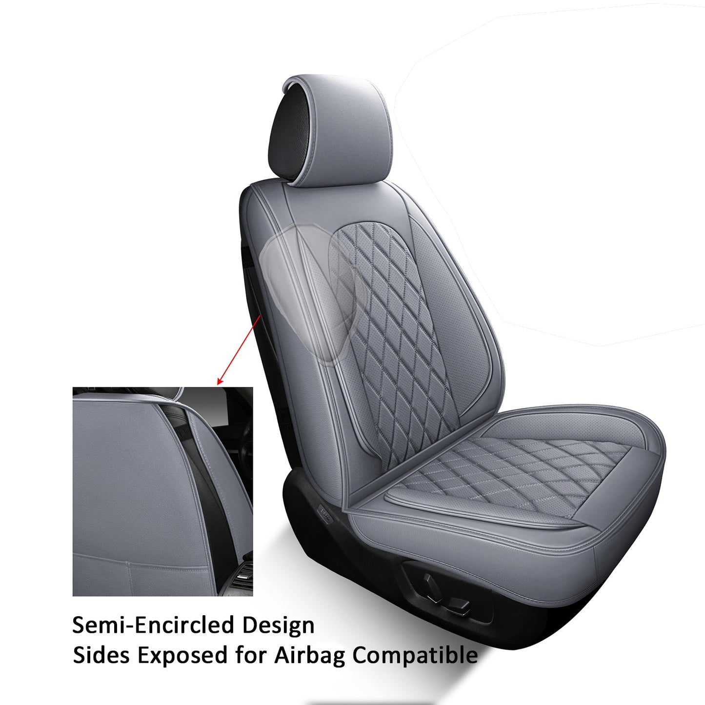 LINGVIDO Breathable Leather Grey Car Seat Covers, Rhombus Faux Leather Vehicle semi-Custom Cushion for Cars & SUV Truck Universal Fit Set (Front only, Gray)