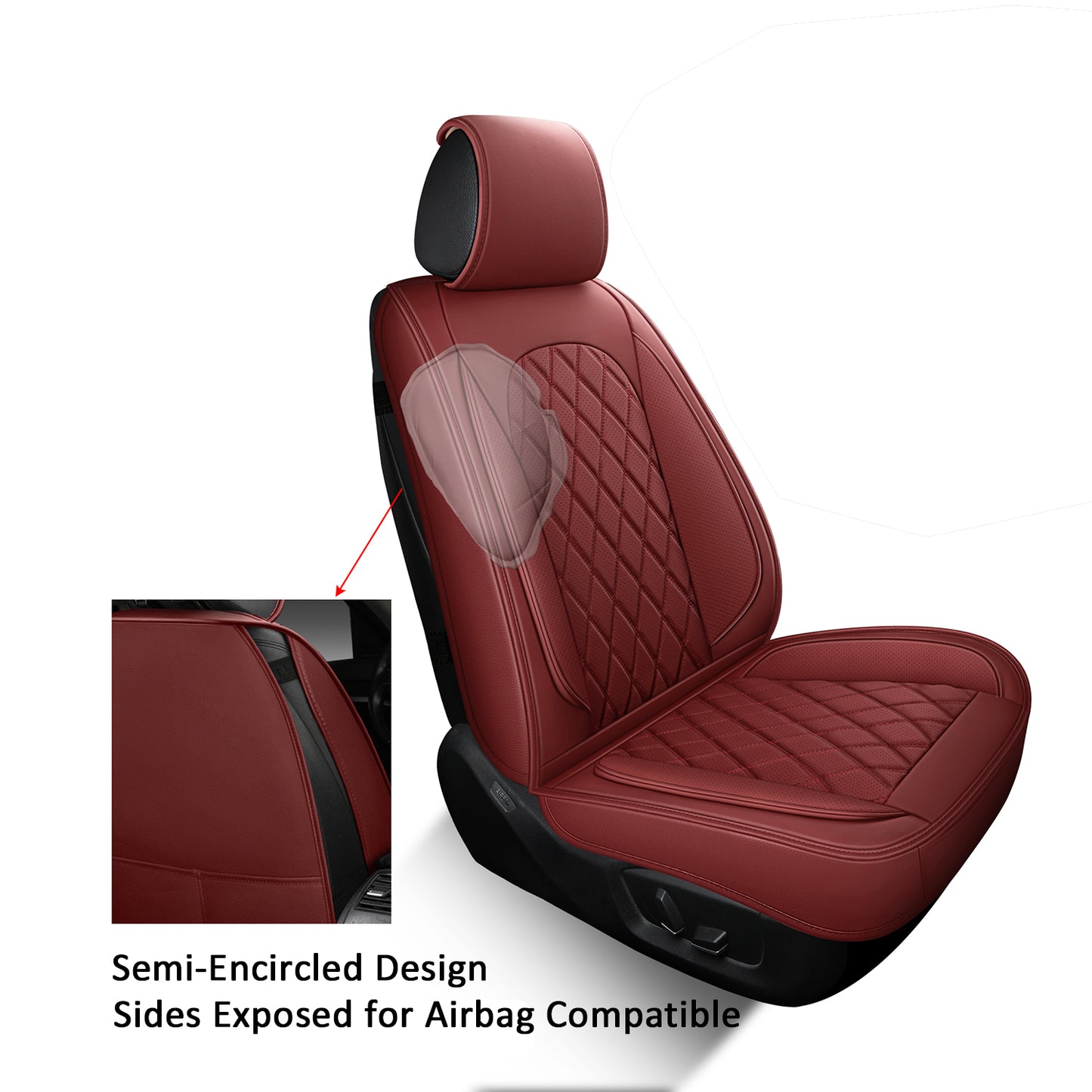 Rhombus Solid Color Luxury Leather Car Seat Cover Universal Fit Wine