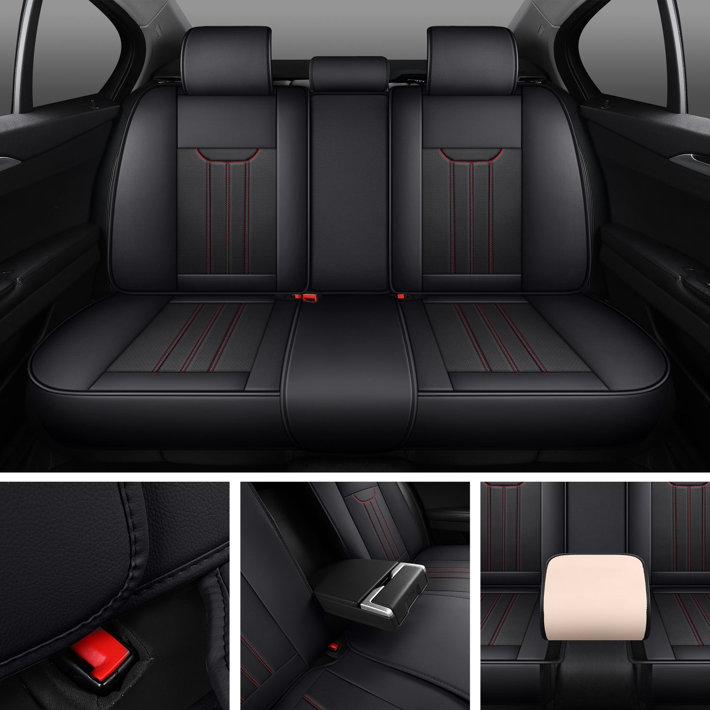 LINGVIDO Black & Redline Car Seat Covers - Full Set of Leather Interior Covers for Cars, Trucks & SUVs. Rear Seat Cover Included. Automotive Accessories.