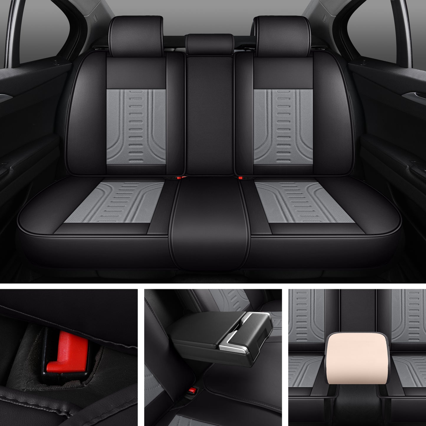 LINGVIDO Black_Grey Car Seat Covers - Full Set of Leather Interior Covers for Cars, Trucks & SUVs. Rear Seat Cover Included. Automotive Accessories