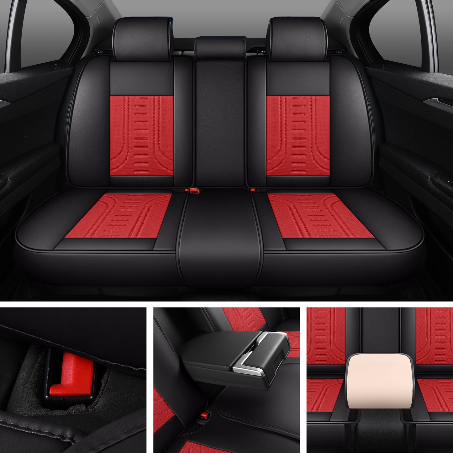 LINGVIDO Black_RED Car Seat Covers - Full Set of Leather Interior Covers for Cars, Trucks & SUVs. Rear Seat Cover Included. Automotive Accessories