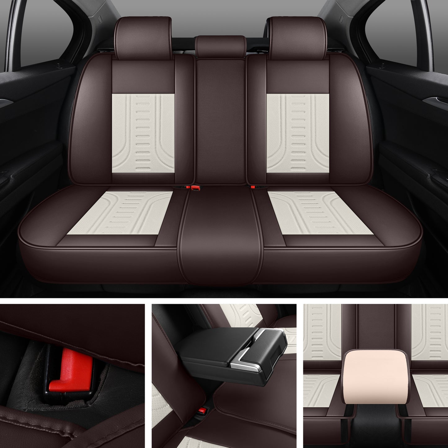 LINGVIDO Brown_White Car Seat Covers - Full Set of Leather Interior Covers for Cars, Trucks & SUVs. Rear Seat Cover Included. Automotive Accessories