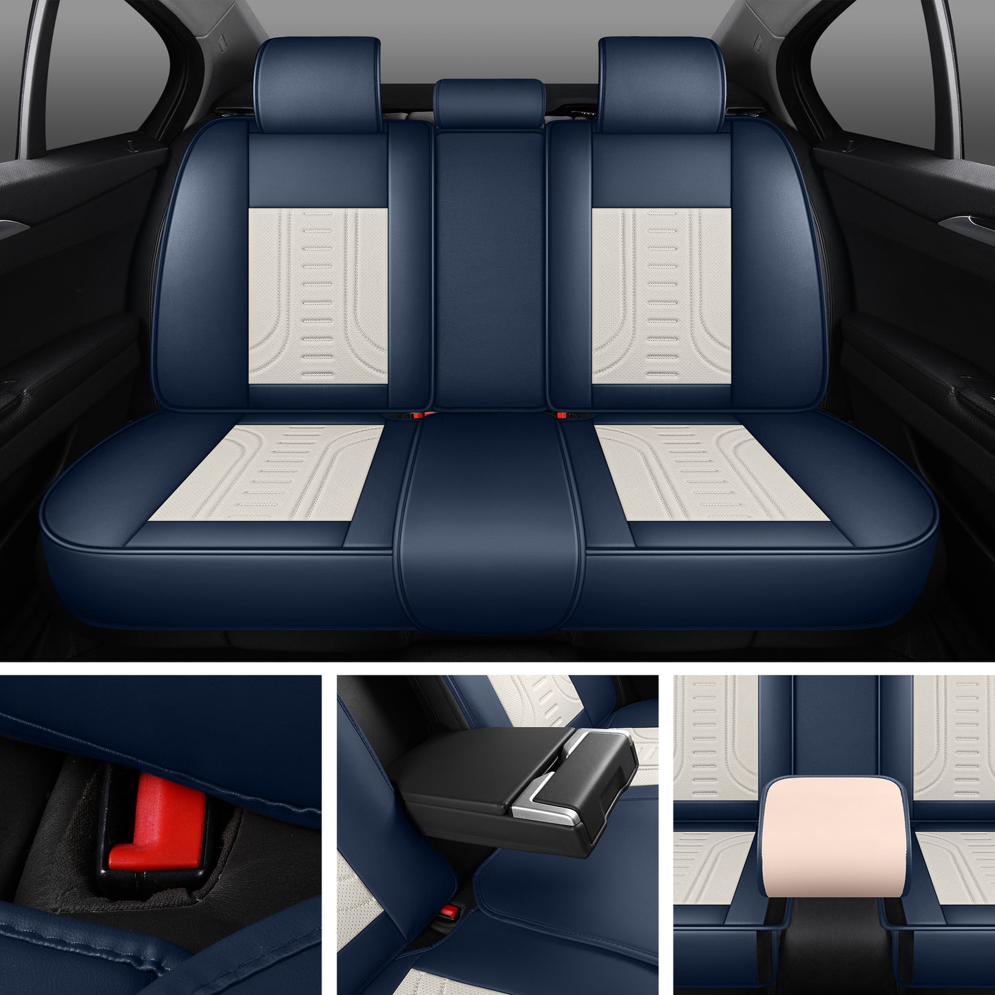 LINGVIDO Blue_White Car Seat Covers - Full Set of Leather Interior Covers for Cars, Trucks & SUVs. Rear Seat Cover Included. Automotive Accessories