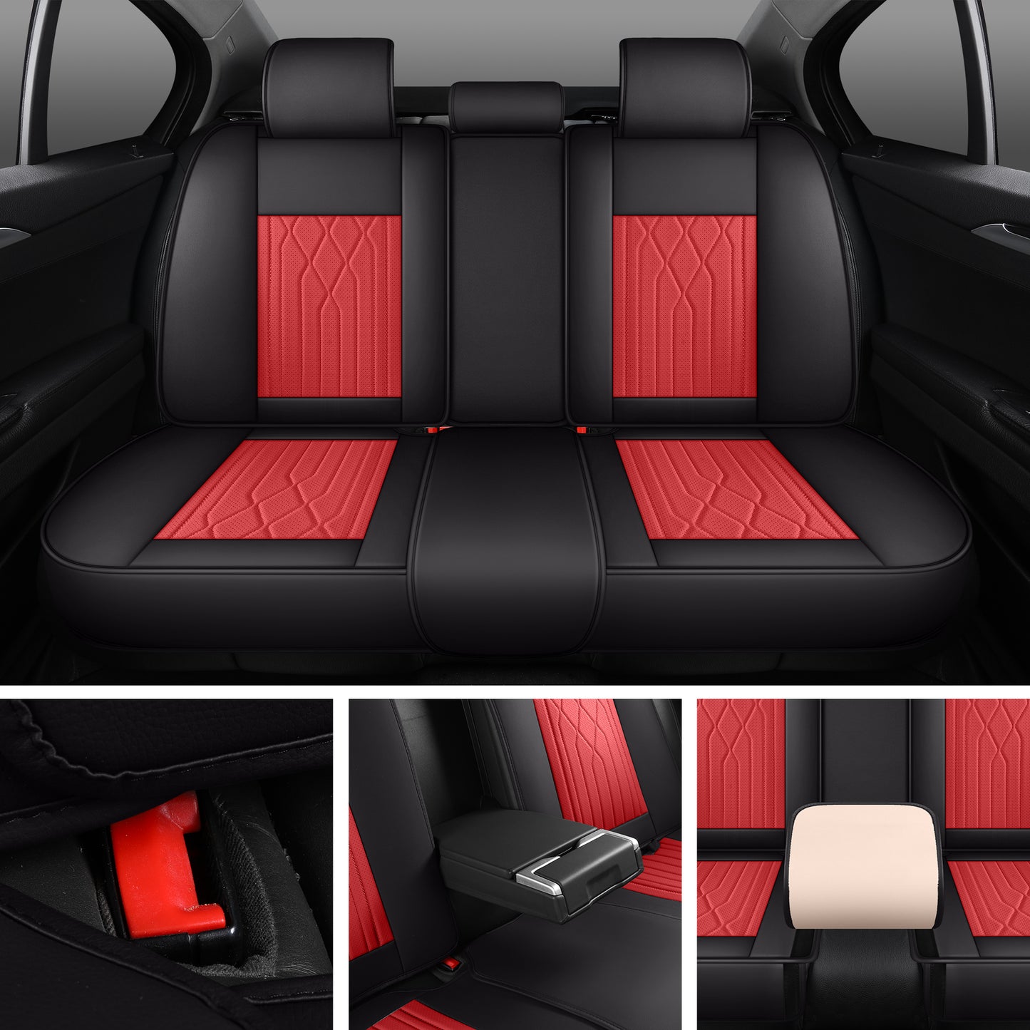 LINGVIDO Black_RED Car Seat Covers - Full Set Leather Seat Covers for Cars, Trucks & SUVs - Automotive Seat Covers & Accessories