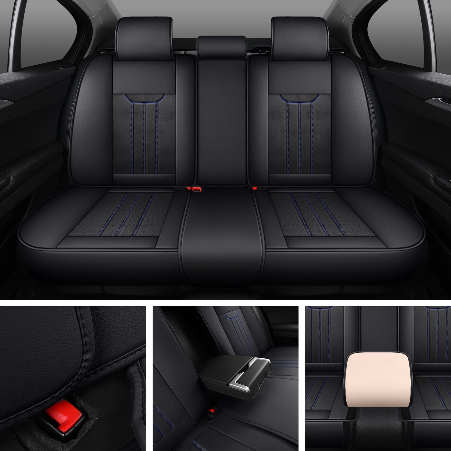 LINGVIDO Black_Blue LINE Car Seat Cover - Full Set Interior Coverage with Leather Seat Covers for Cars, Trucks & SUVs - Automotive Seat Covers & Accessories.