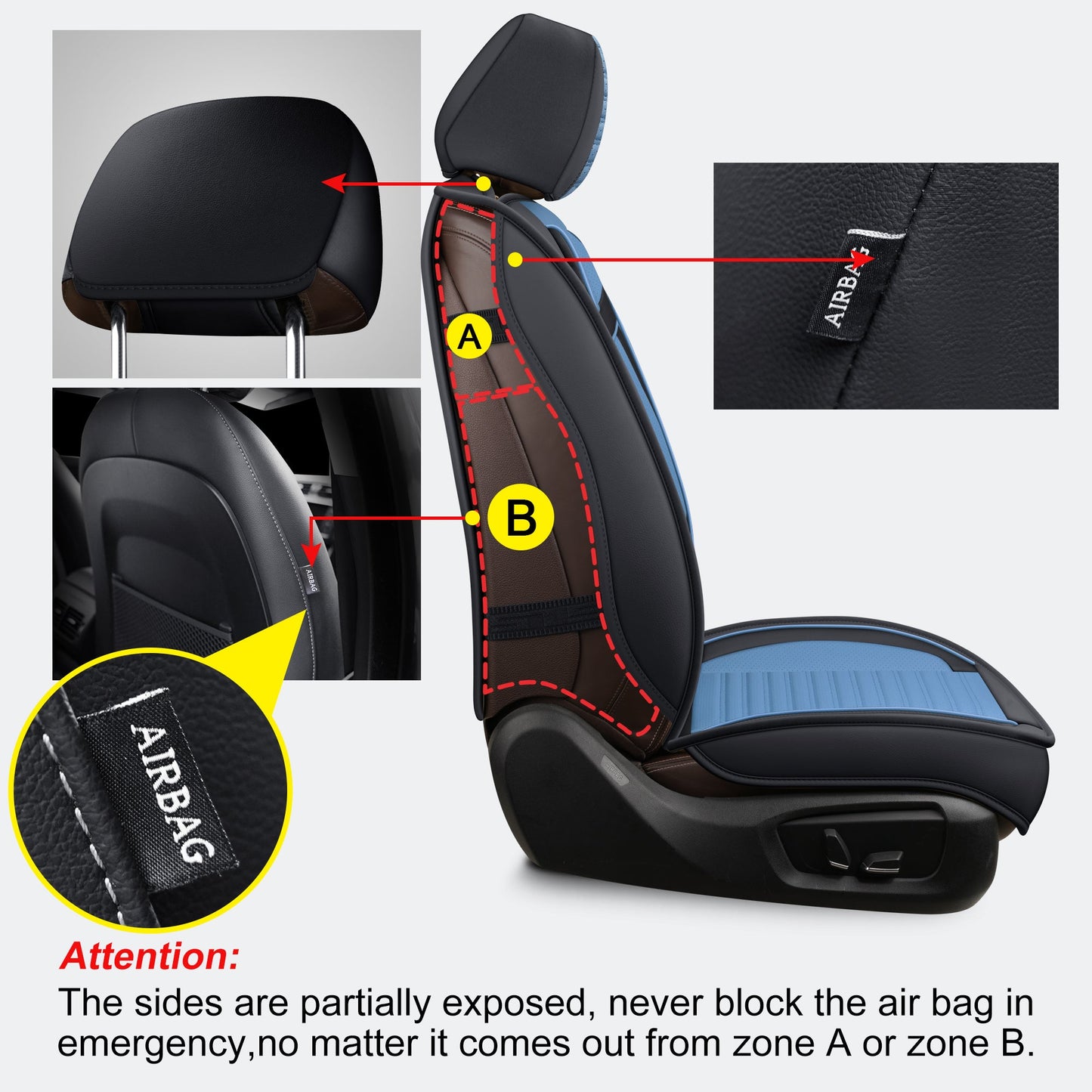 Universal Fit Breathable Faux Leather Auto Seat Covers Contrast Color Lblue-Black 2 PCS Front Seat