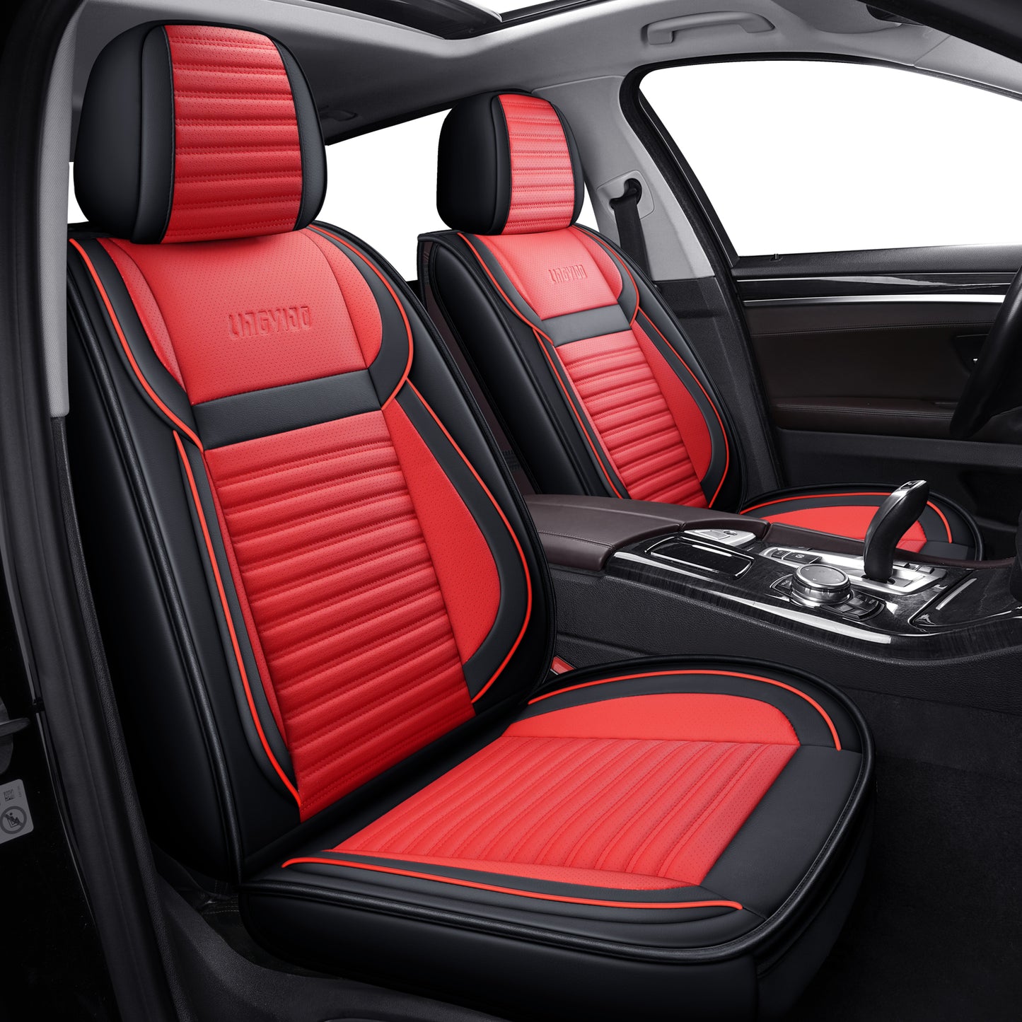 LINGVIDO Leather Car Seat Covers,Breathable and Waterproof Faux Leather Automotive Seat Covers for Cars SUV Truck Sedan,Universal Anti-Slip Driver Seat Cover with Backrest (Full Seat, Red+Black)