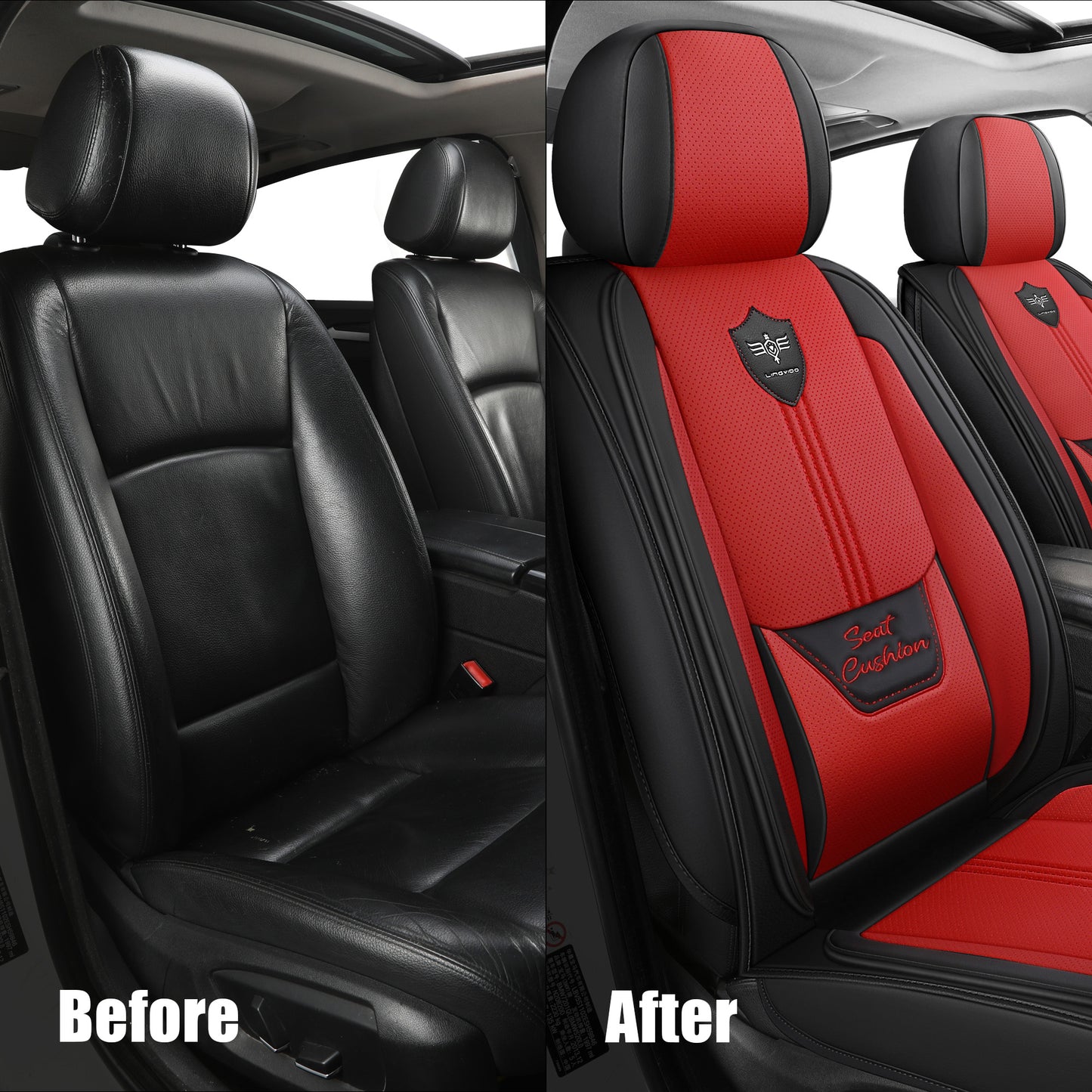 LINGVIDO Leather Car Seat Covers, Breathable Automotive Cover Cushion Accessories for Cars & SUV Truck Universal Fit Set(Black & red Full Set)