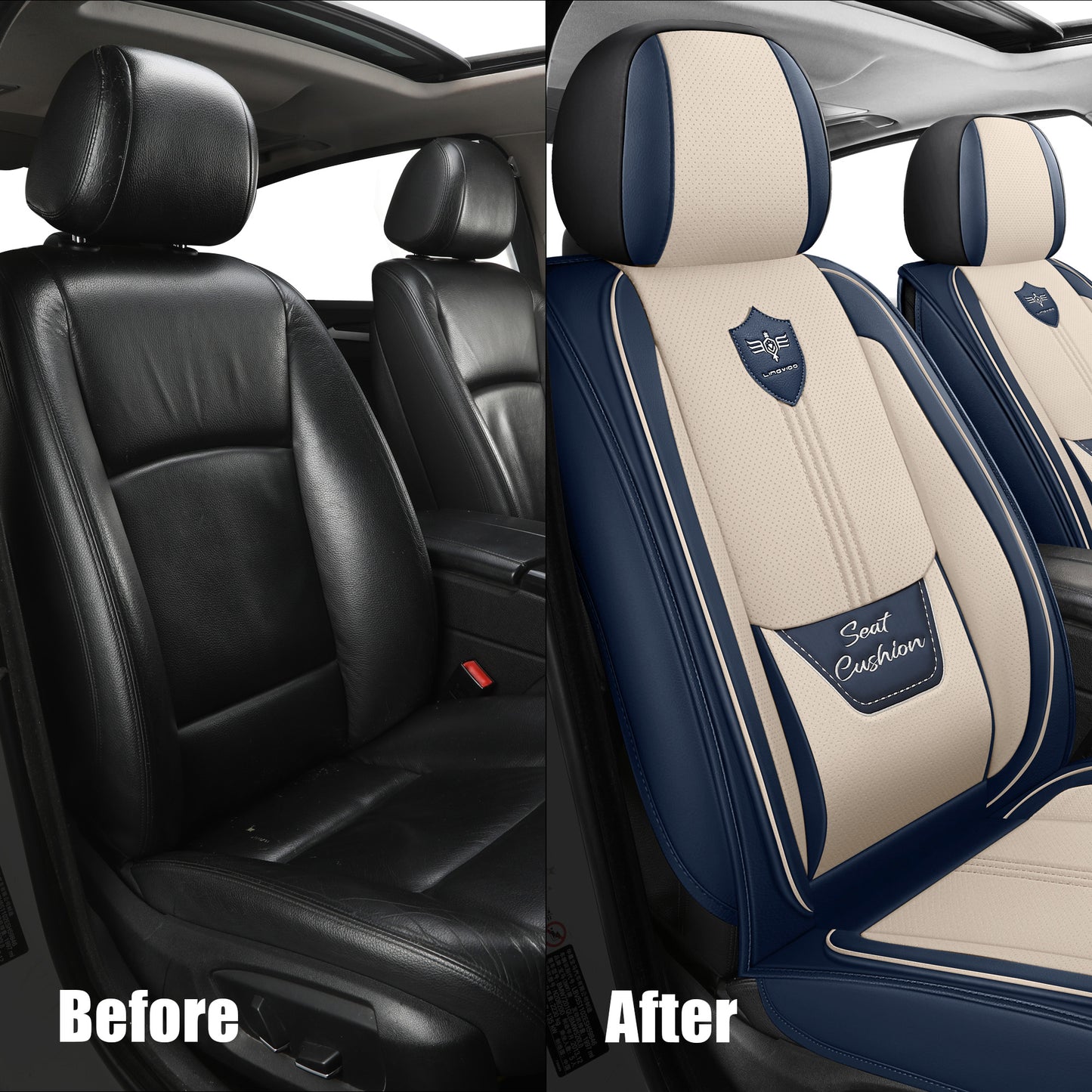 LINGVIDO Leather Car Seat Covers, Breathable Automotive Cover Cushion Accessories for Cars & SUV Truck Universal Fit Set (Blue & White Full Set)