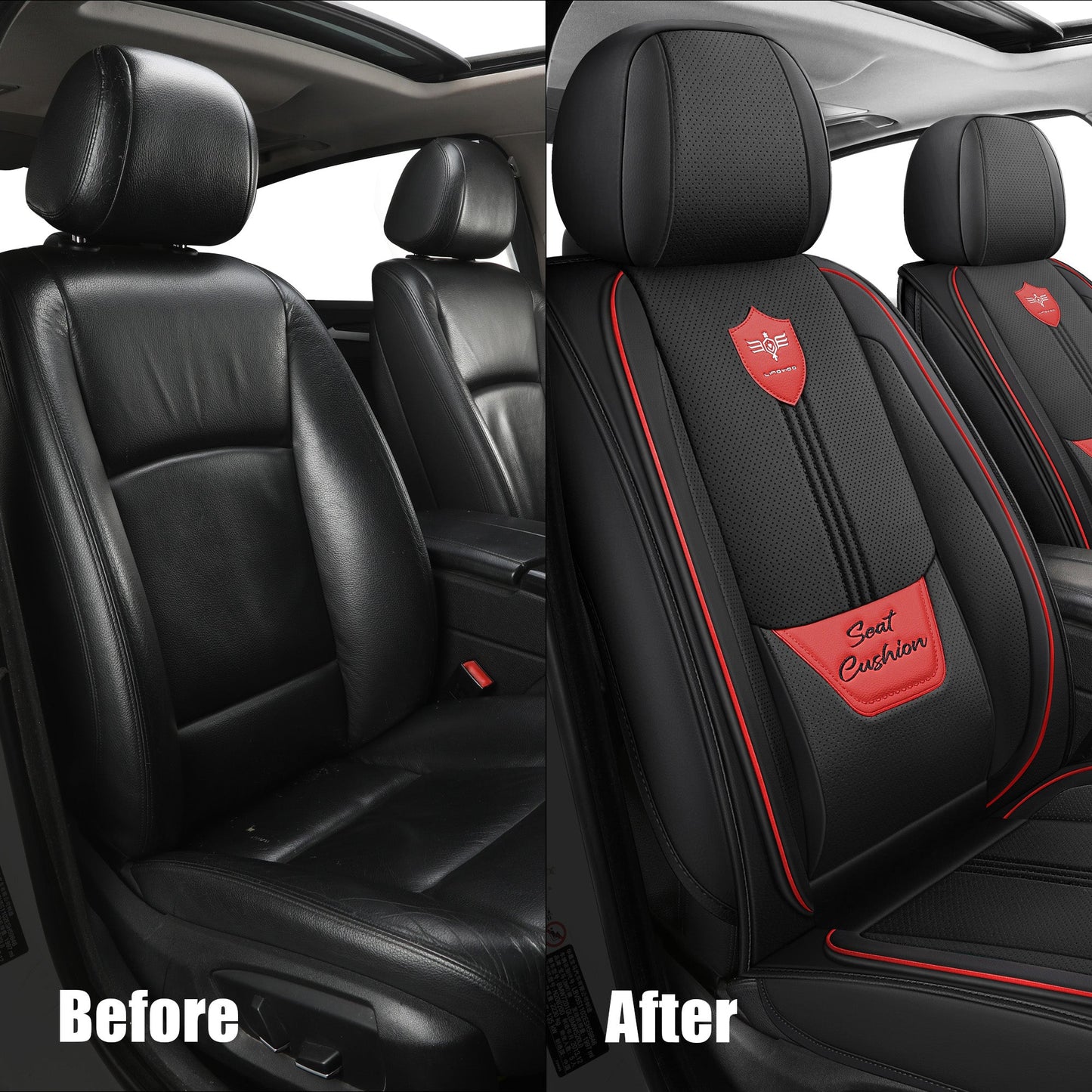 LINGVIDO Leather Car Seat Covers, Breathable Automotive Cover Cushion Accessories for Cars & SUV Truck Universal Fit Set (Black Front Set)