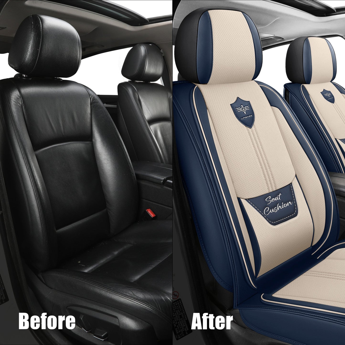 LINGVIDO Leather Car Seat Covers, Breathable Automotive Cover Cushion Accessories for Cars & SUV Truck Universal Fit Set (Blue & White Front Set)