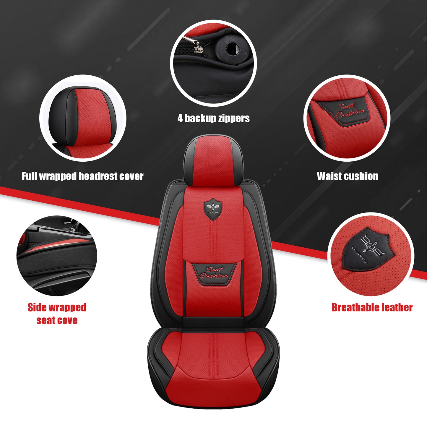 LINGVIDO Leather Car Seat Covers, Breathable Automotive Cover Cushion Accessories for Cars & SUV Truck Universal Fit Set(Black & red Full Set)