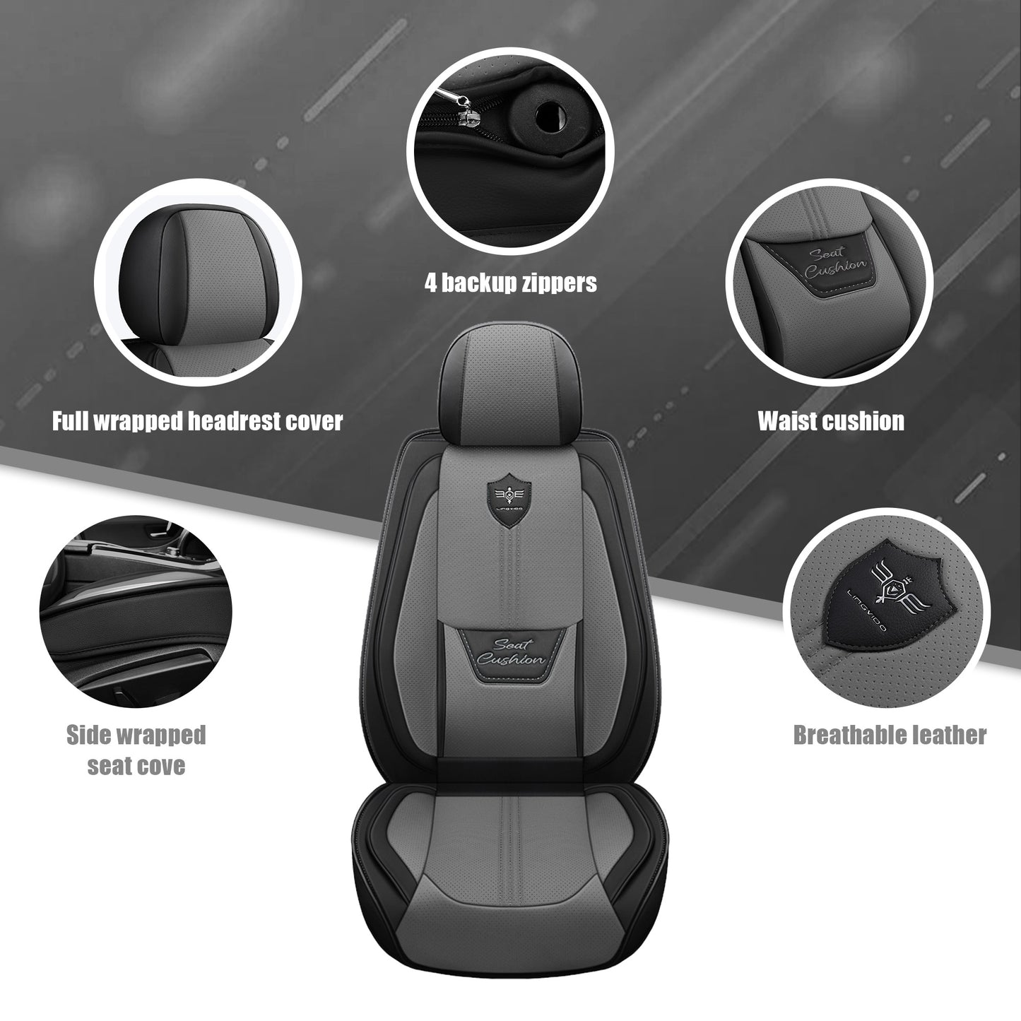 LINGVIDO Leather Car Seat Covers, Breathable Automotive Cover Cushion Accessories for Cars & SUV Truck Universal Fit Set (Grey Full Set)