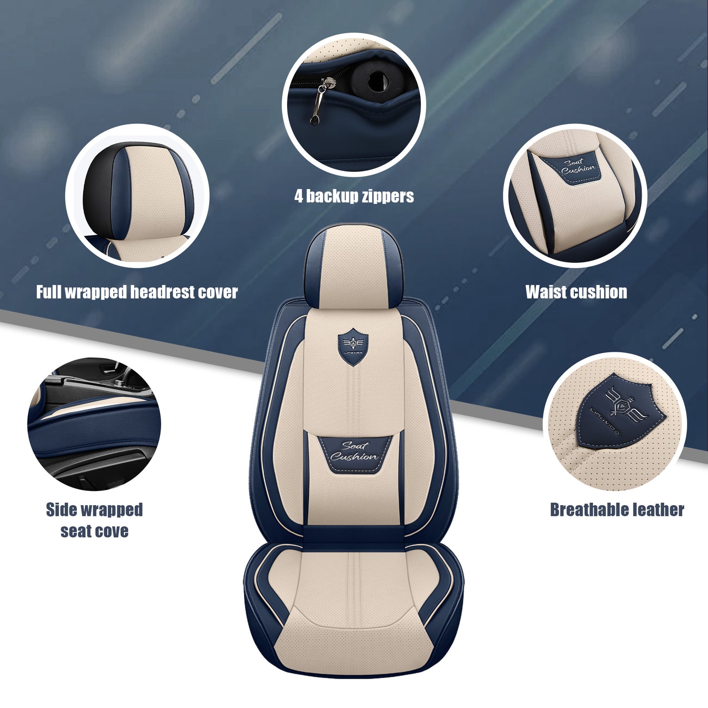 LINGVIDO Leather Car Seat Covers, Breathable Automotive Cover Cushion Accessories for Cars & SUV Truck Universal Fit Set (Blue & White Full Set)