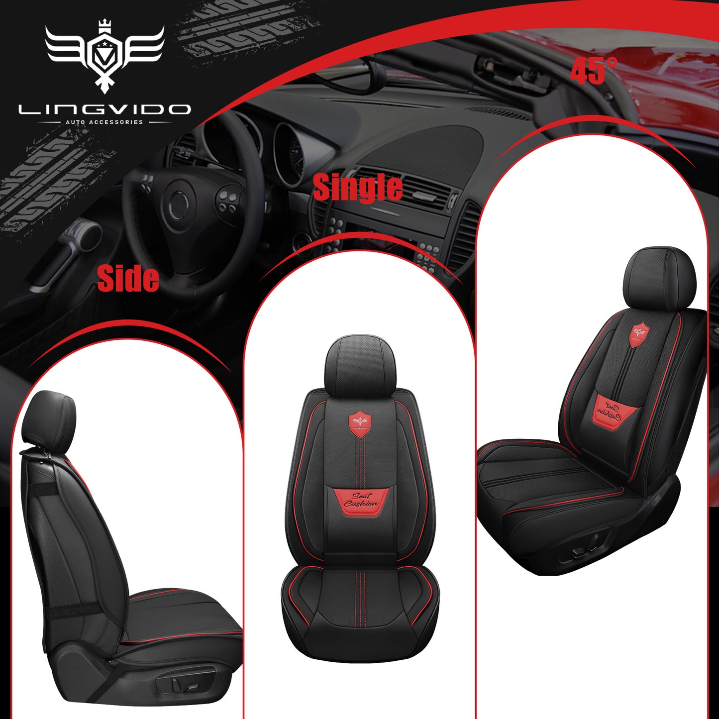 LINGVIDO Leather Car Seat Covers, Breathable Automotive Cover Cushion Accessories for Cars & SUV Truck Universal Fit Set (Black Full Set)