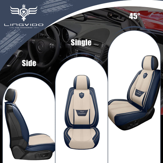 LINGVIDO Leather Car Seat Covers, Breathable Automotive Cover Cushion Accessories for Cars & SUV Truck Universal Fit Set (Blue & White Front Set)