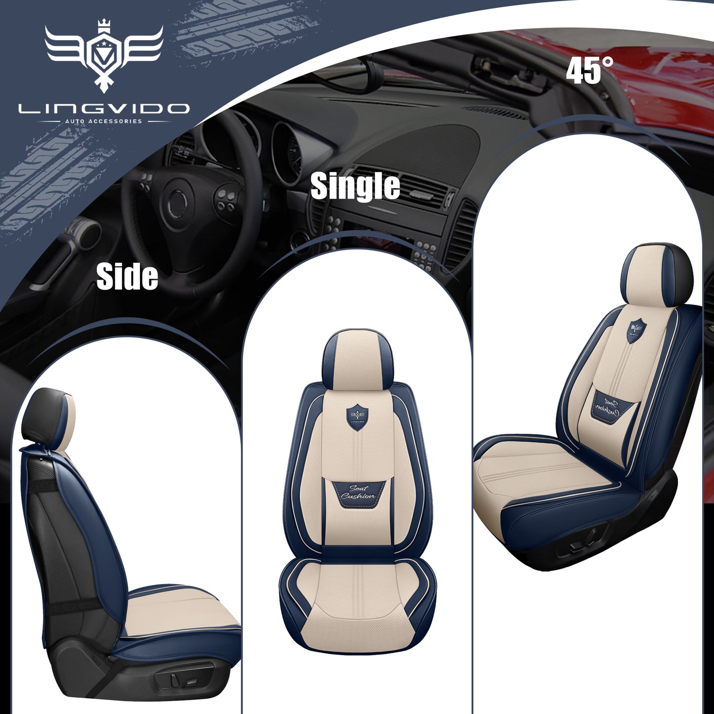 LINGVIDO Leather Car Seat Covers, Breathable Automotive Cover Cushion Accessories for Cars & SUV Truck Universal Fit Set (Blue & White Full Set)