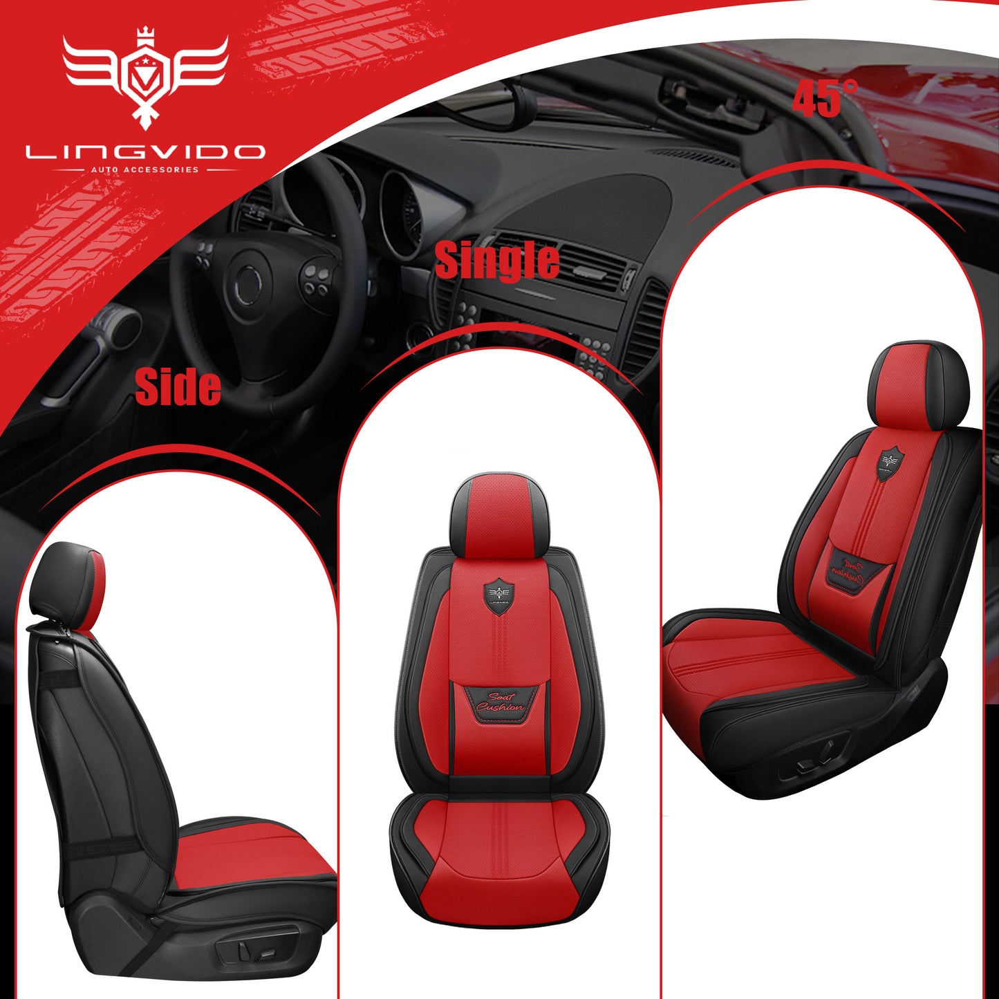 LINGVIDO Leather Car Seat Covers, Breathable Automotive Cover Cushion Accessories for Cars & SUV Truck Universal Fit Set(Black & red Full Set)