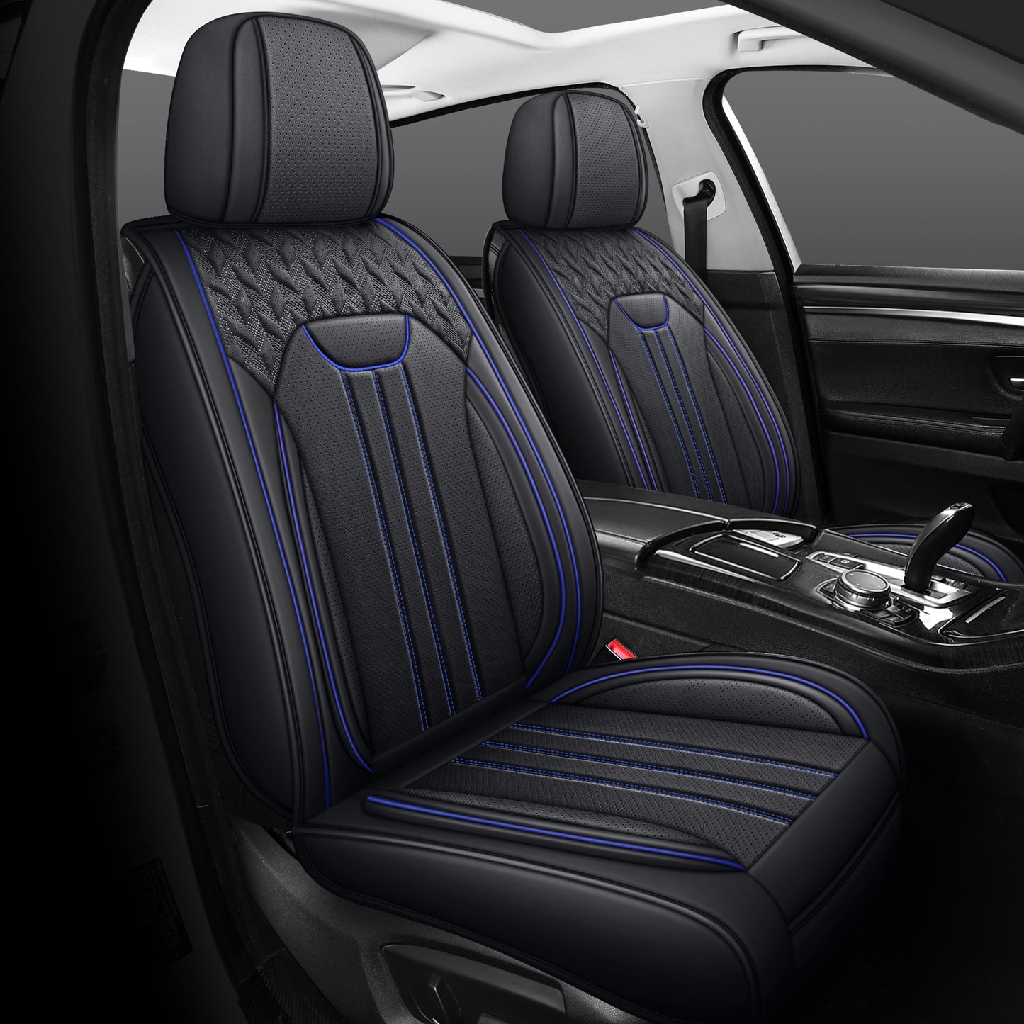 LINGVIDO Black_Blue LINE Car Seat Cover - Full Set Interior Coverage with Leather Seat Covers for Cars, Trucks & SUVs - Automotive Seat Covers & Accessories.