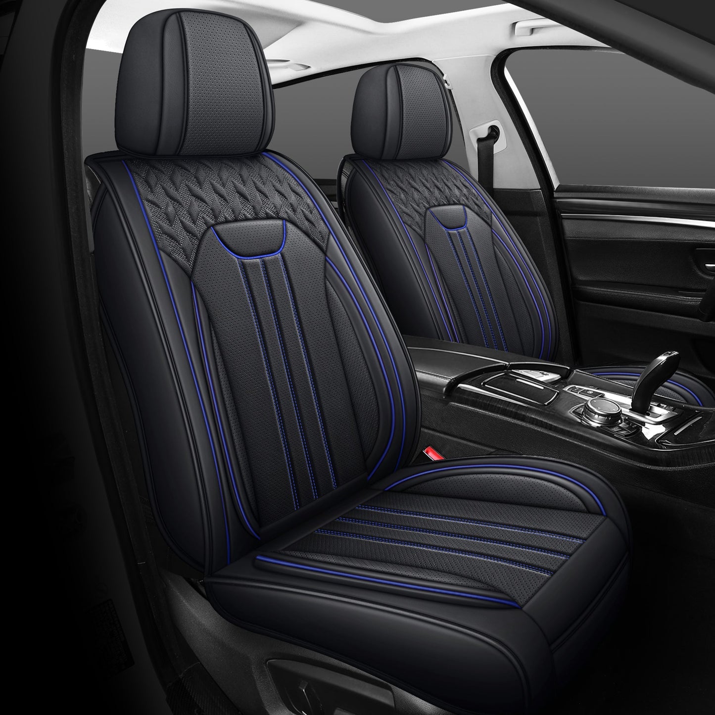 LINGVIDO Black & Blue LINE Car Seat Cover - Front Set Interior Coverage with Leather Seat Covers for Cars, Trucks & SUVs - Automotive Seat Covers & Accessories.