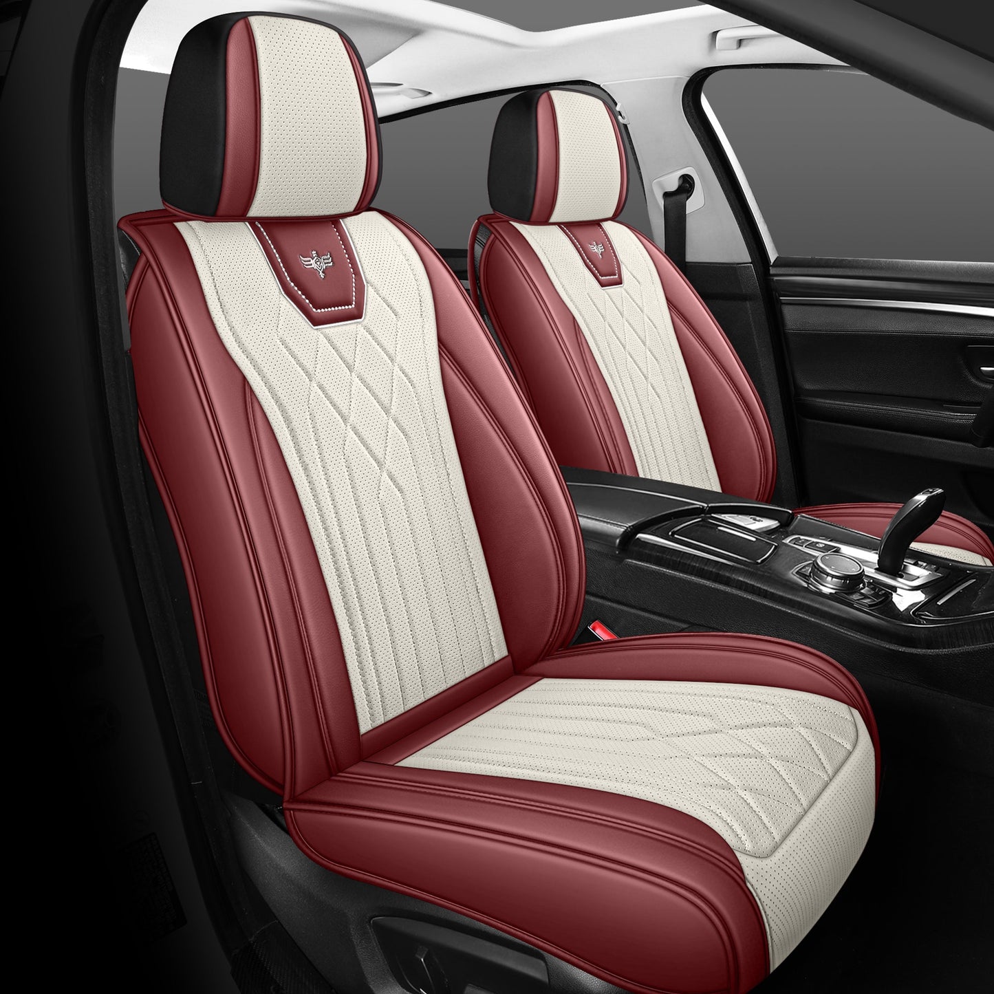 LINGVIDO RED_White Car Seat Covers - Front Set Leather Seat Covers for Cars, Trucks & SUVs - Automotive Seat Covers & Accessories