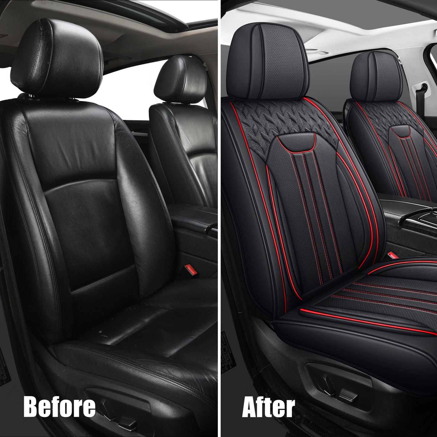 LINGVIDO Black & Redline Car Seat Covers - Full Set of Leather Interior Covers for Cars, Trucks & SUVs. Rear Seat Cover Included. Automotive Accessories.