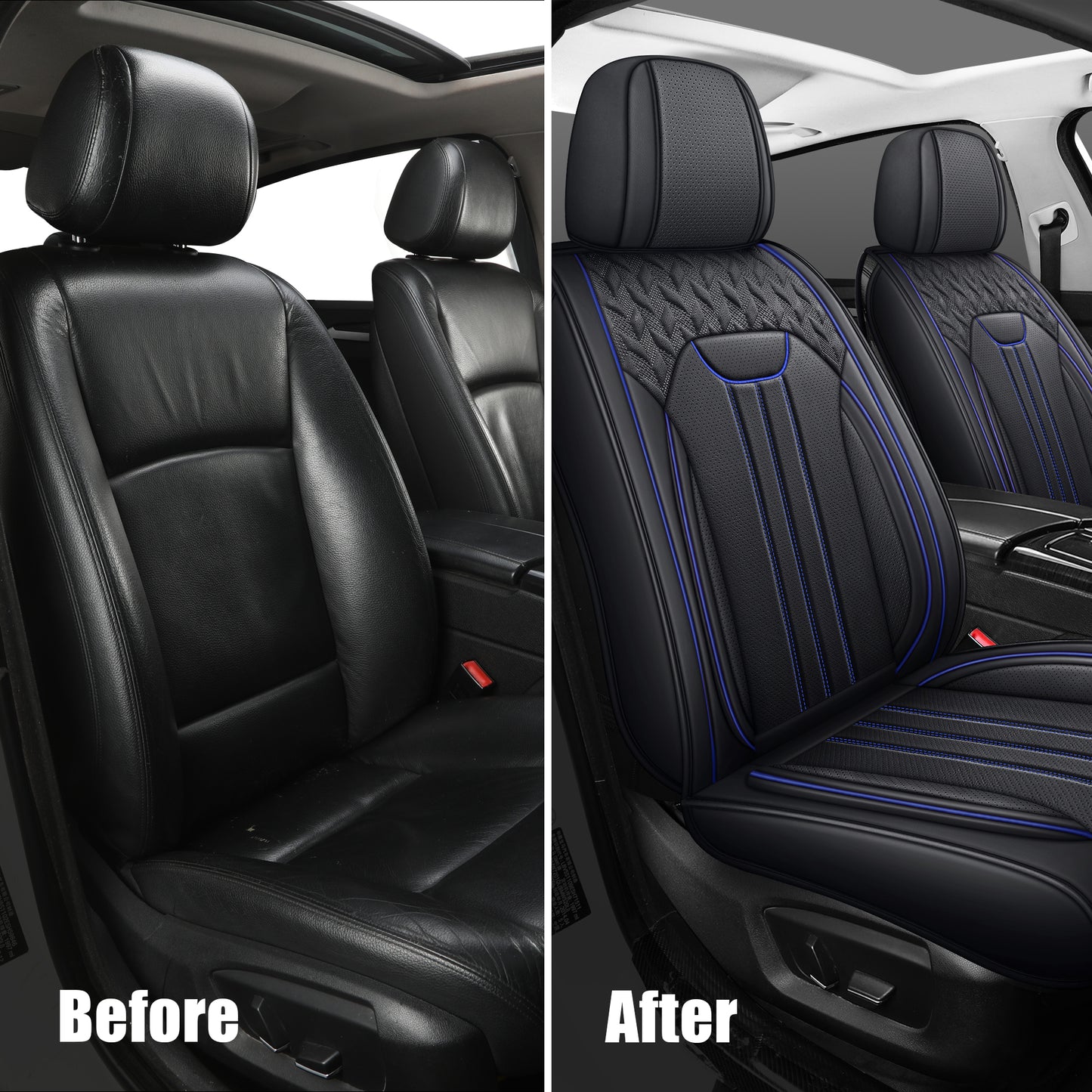 LINGVIDO Black_Blue LINE Car Seat Cover - Full Set Interior Coverage with Leather Seat Covers for Cars, Trucks & SUVs - Automotive Seat Covers & Accessories.