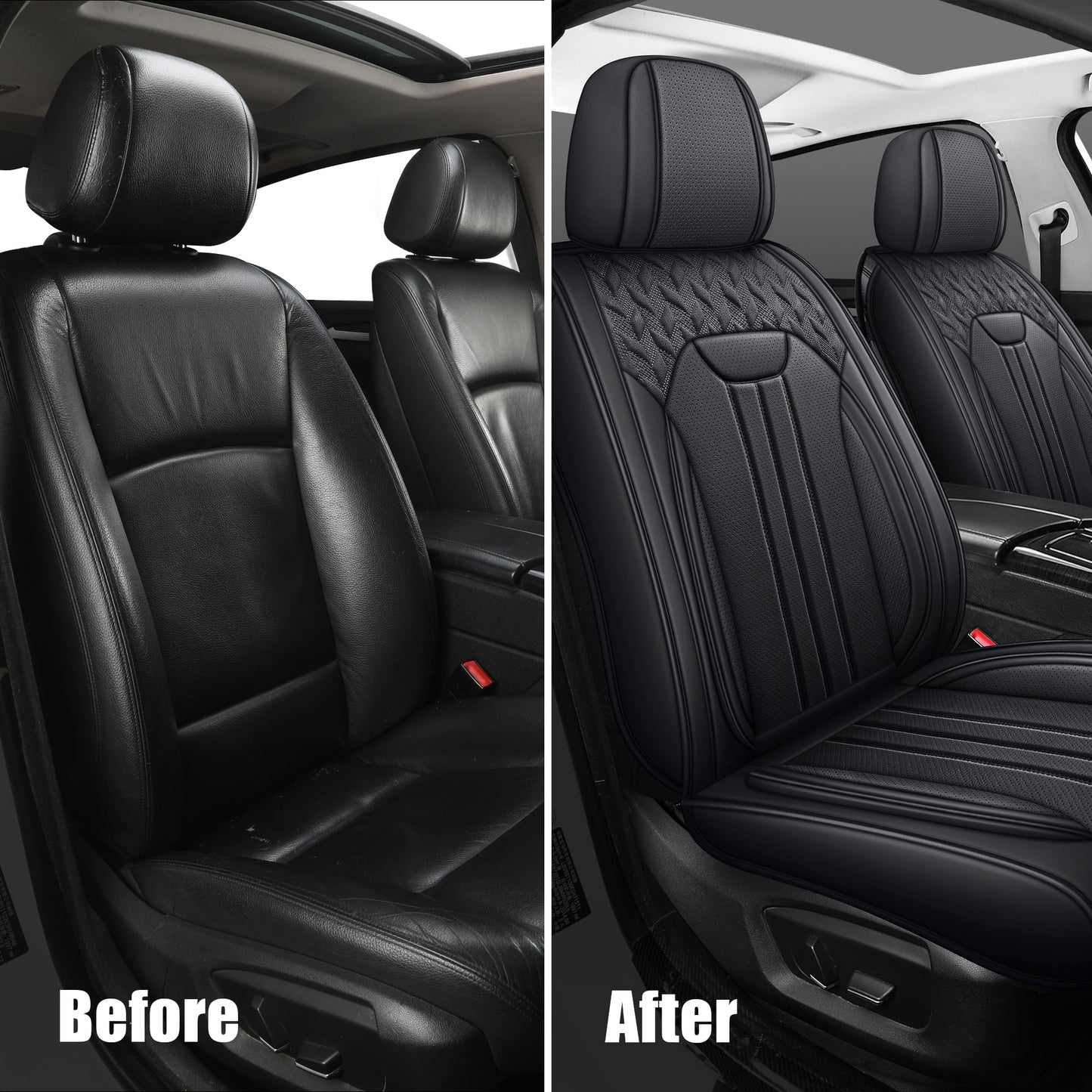 LINGVIDO Black Car Seat Covers - Front Set of Leather Interior Covers for Cars, Trucks & SUVs. Rear Seat Cover Included. Automotive Accessories.