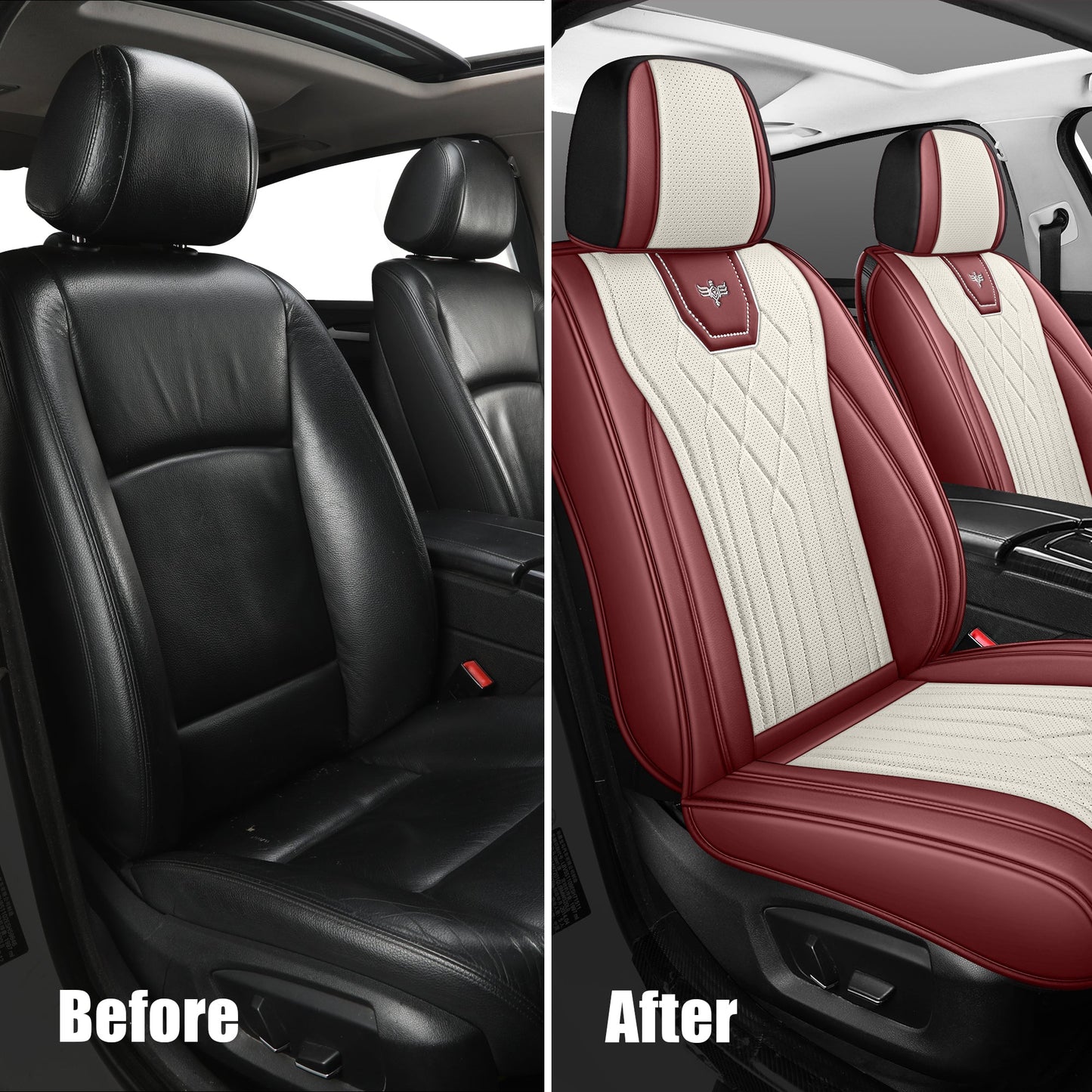 LINGVIDO RED_White Car Seat Covers - Front Set Leather Seat Covers for Cars, Trucks & SUVs - Automotive Seat Covers & Accessories