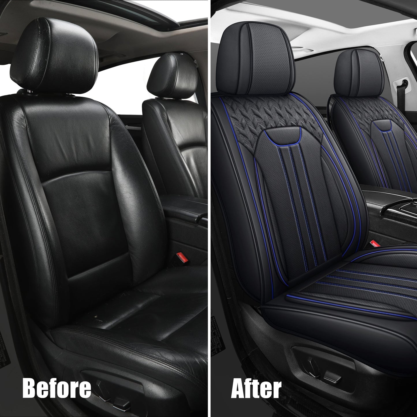 LINGVIDO Black & Blue LINE Car Seat Cover - Front Set Interior Coverage with Leather Seat Covers for Cars, Trucks & SUVs - Automotive Seat Covers & Accessories.