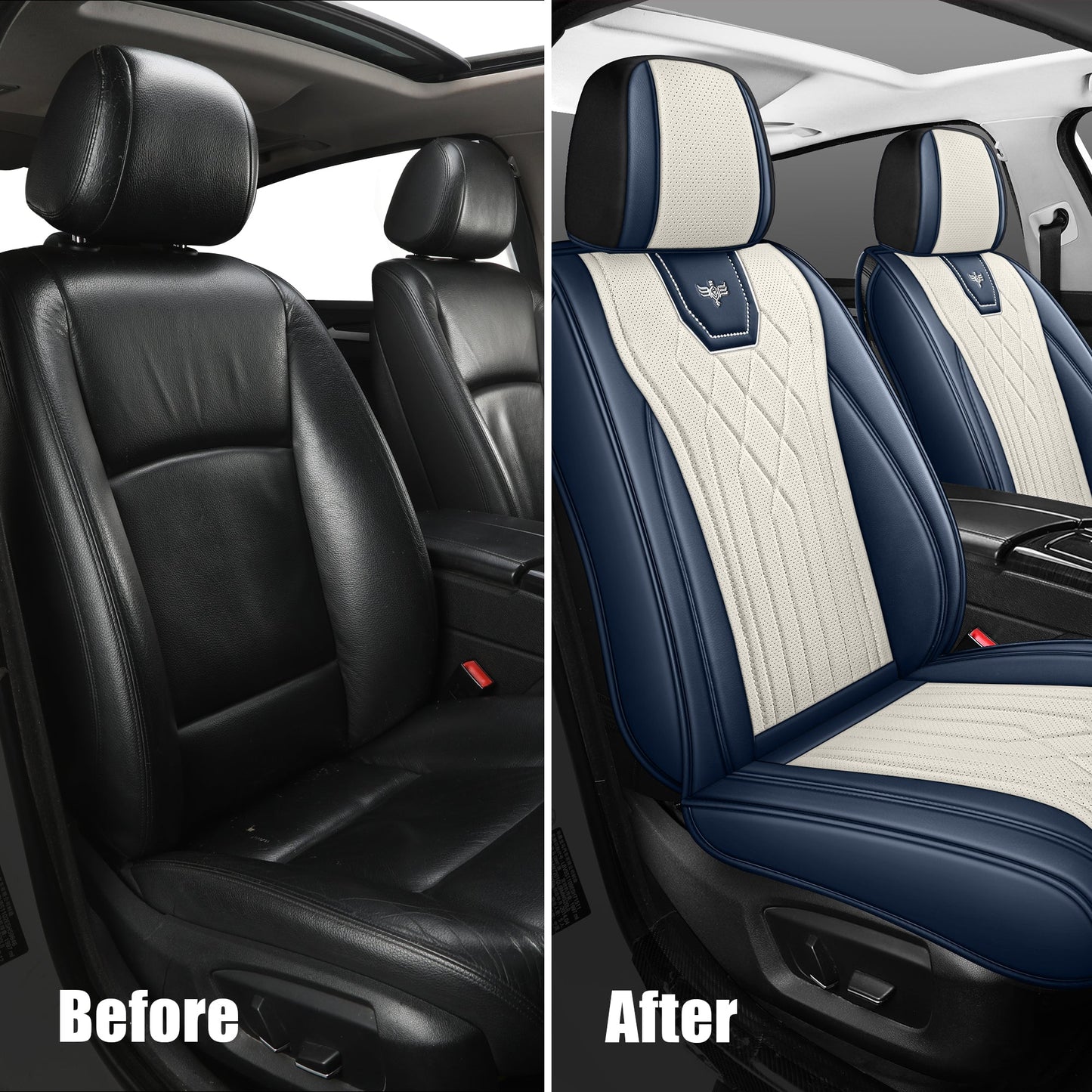 LINGVIDO Leather Car Seat Covers Universal Fit Most Cars SUV Truck Like Chevy Mazda Elantra Tucson Toyota Corolla Nissan(Front seat,Blue_White)