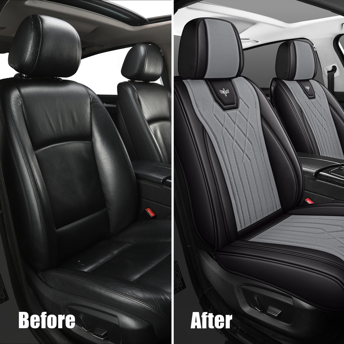 LINGVIDO Black_Grey Car Seat Covers - Full Set Leather Seat Covers for Cars, Trucks & SUVs - Automotive Seat Covers & Accessories