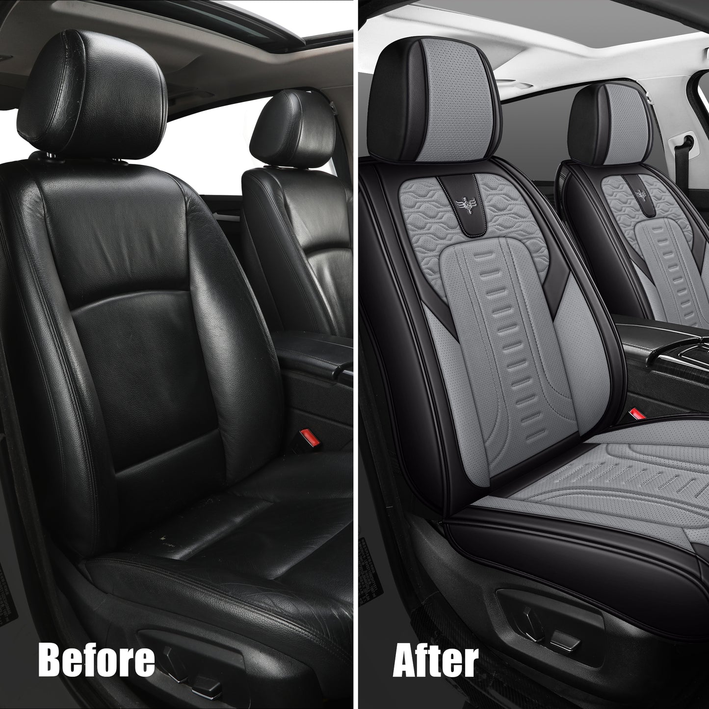 LINGVIDO Black_Grey Car Seat Covers - Full Set of Leather Interior Covers for Cars, Trucks & SUVs. Rear Seat Cover Included. Automotive Accessories