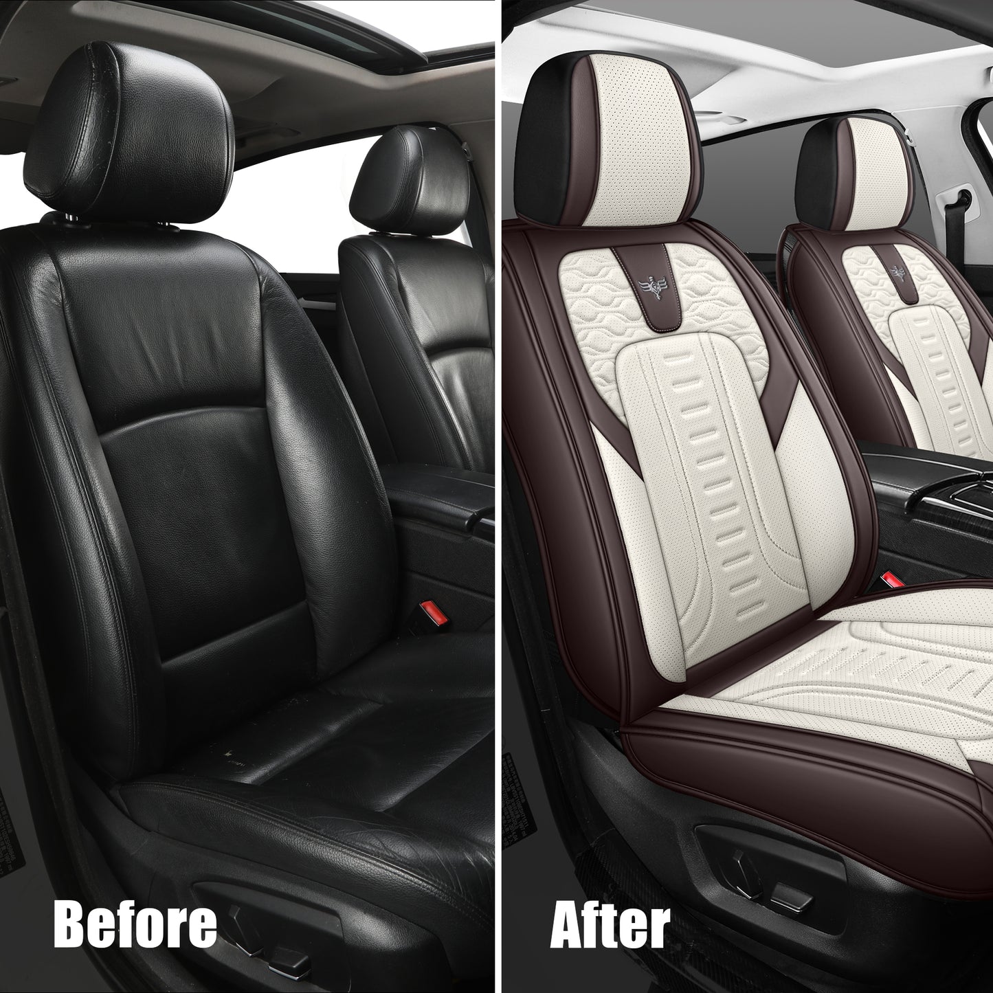 LINGVIDO Brown_White Car Seat Covers - Full Set of Leather Interior Covers for Cars, Trucks & SUVs. Rear Seat Cover Included. Automotive Accessories