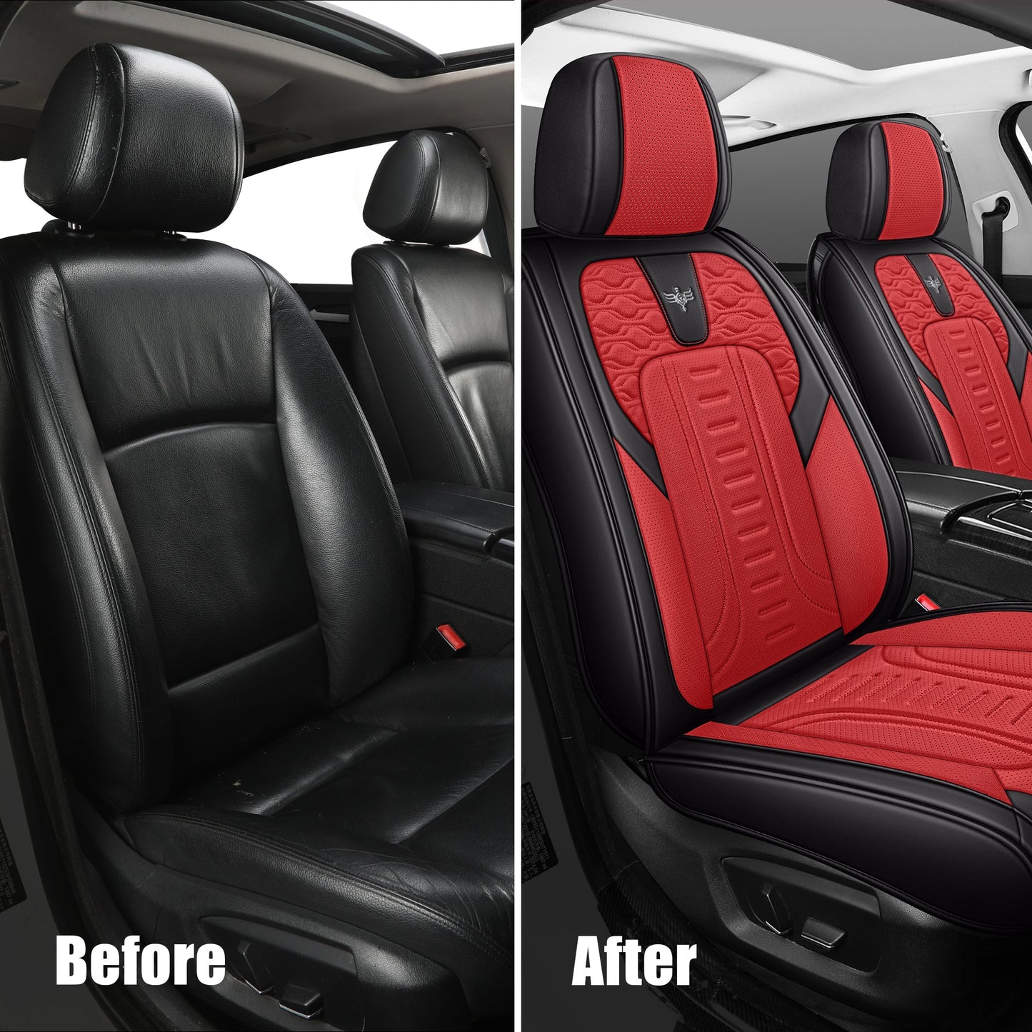 LINGVIDO Black_RED Car Seat Covers - Front Set of Leather Interior Covers for Cars, Trucks & SUVs. Rear Seat Cover Included. Automotive Accessories