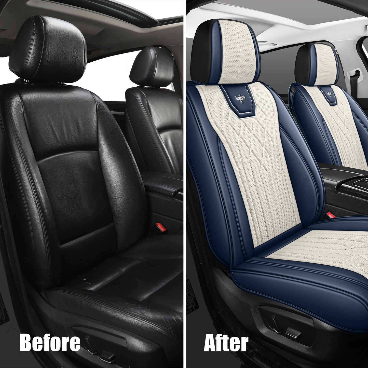 LINGVIDO Leather Car Seat Covers Universal Fit Most Cars SUV Truck Like Chevy Mazda Elantra Tucson Toyota Corolla Nissan(FULL SET,Blue_White)