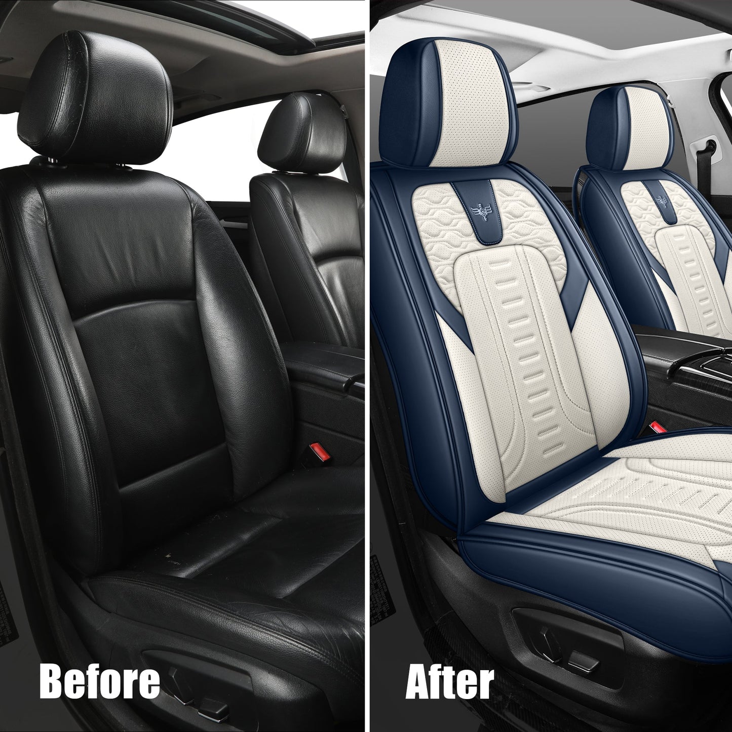 LINGVIDO Blue_White Car Seat Covers - Front Set of Leather Interior Covers for Cars, Trucks & SUVs. Rear Seat Cover Included. Automotive Accessories