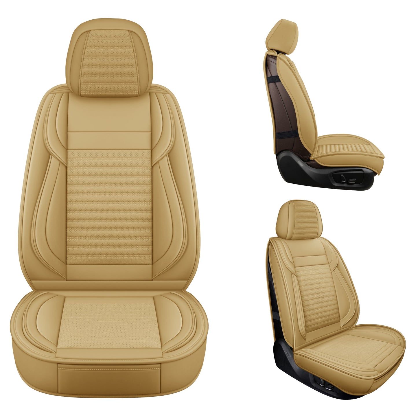 LINGVIDO Universal Leather Car Seat Covers (Beige,2 PCS Front Set) - Breathable Automotive Seat Covers for Trucks, SUVs and Cars - Fits Toyota Tacoma, Honda Civic, Corolla