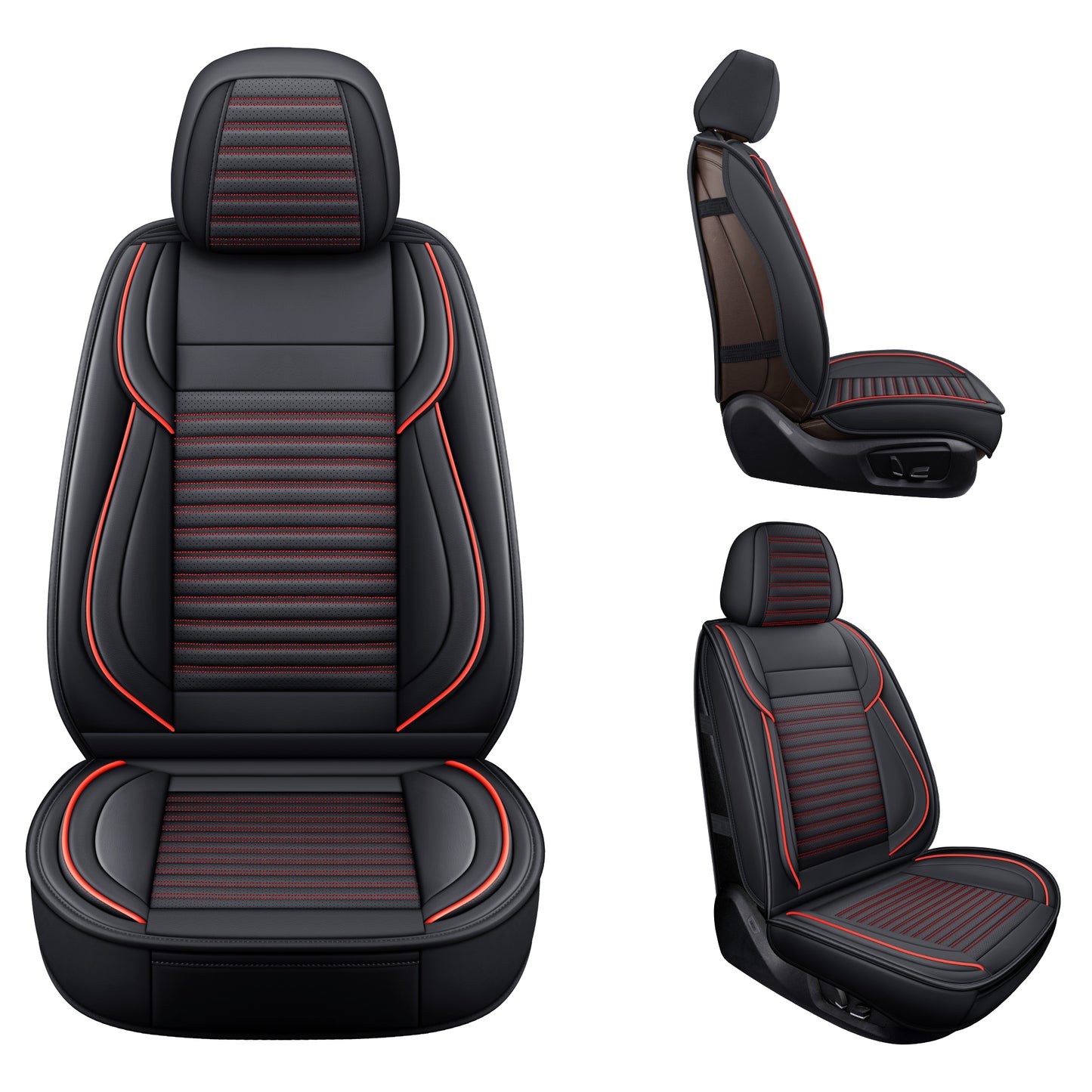 LINGVIDO Universal Fit Leather Car Seat Covers(Black & redline, 5PCS FULL SET)- Breathable for Trucks, SUVs & Cars - Front & Back Seat Cover for Toyota Tacoma, Honda Civic, Toyota Corolla & more!