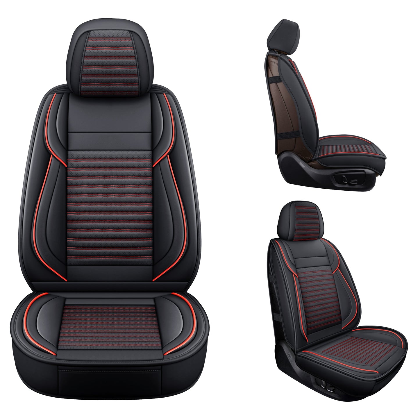 LINGVIDO Universal Fit Leather Car Seat Covers(Black & redline, 2 front set)- Breathable for Trucks, SUVs & Cars - Front & Back Seat Cover for Toyota Tacoma, Honda Civic, Toyota Corolla & more!