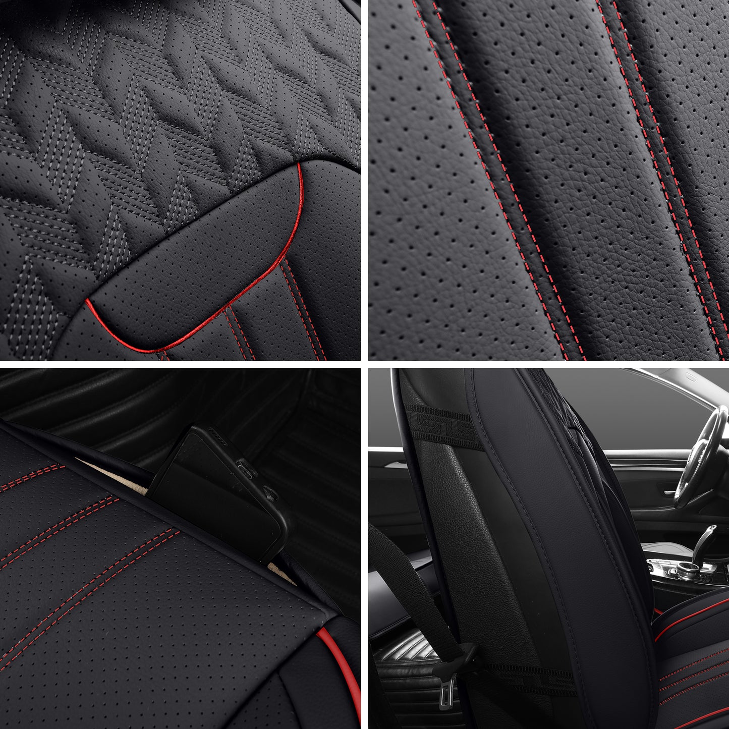 LINGVIDO Black & Redline Car Seat Covers - Full Set of Leather Interior Covers for Cars, Trucks & SUVs. Rear Seat Cover Included. Automotive Accessories.