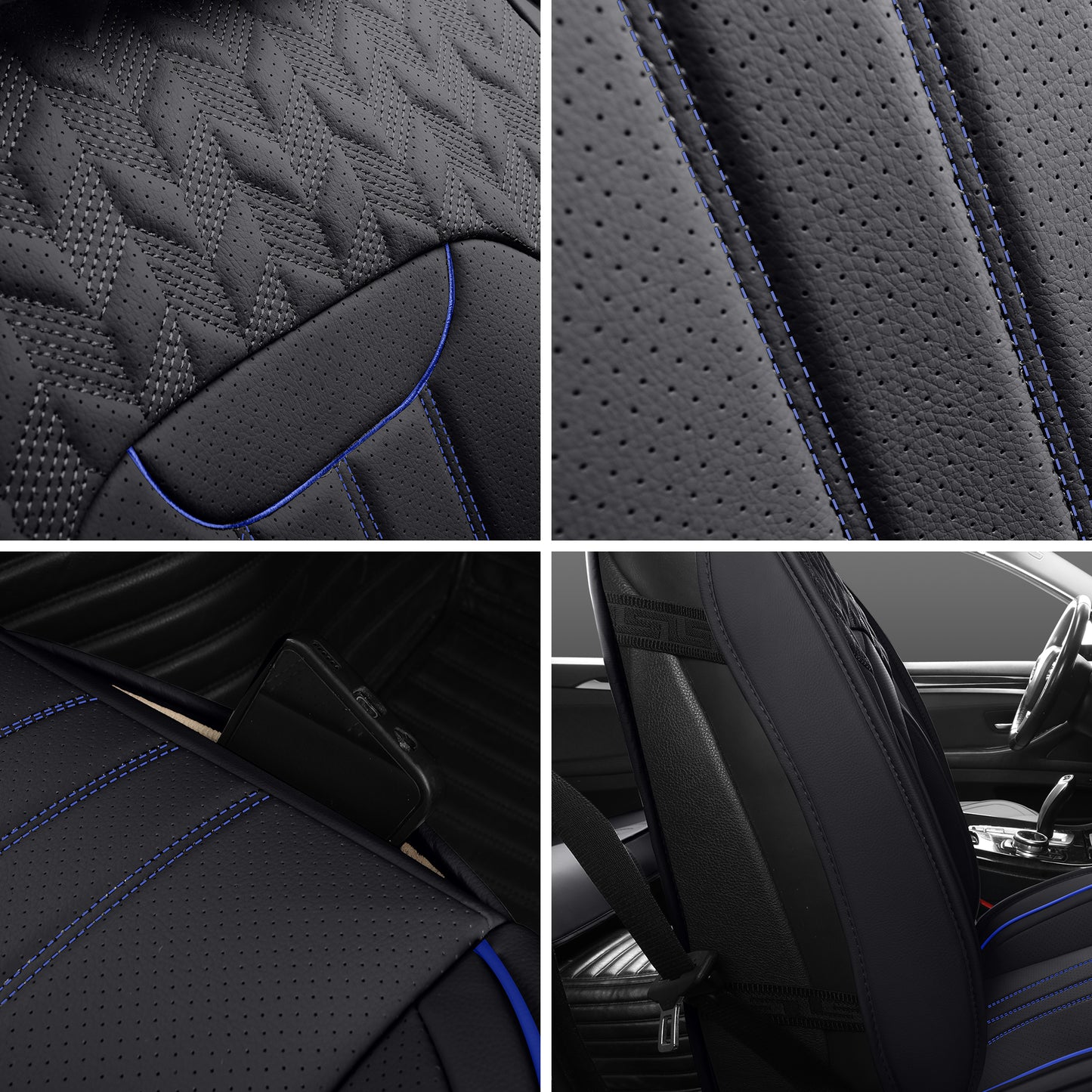 LINGVIDO Black_Blue LINE Car Seat Cover - Full Set Interior Coverage with Leather Seat Covers for Cars, Trucks & SUVs - Automotive Seat Covers & Accessories.