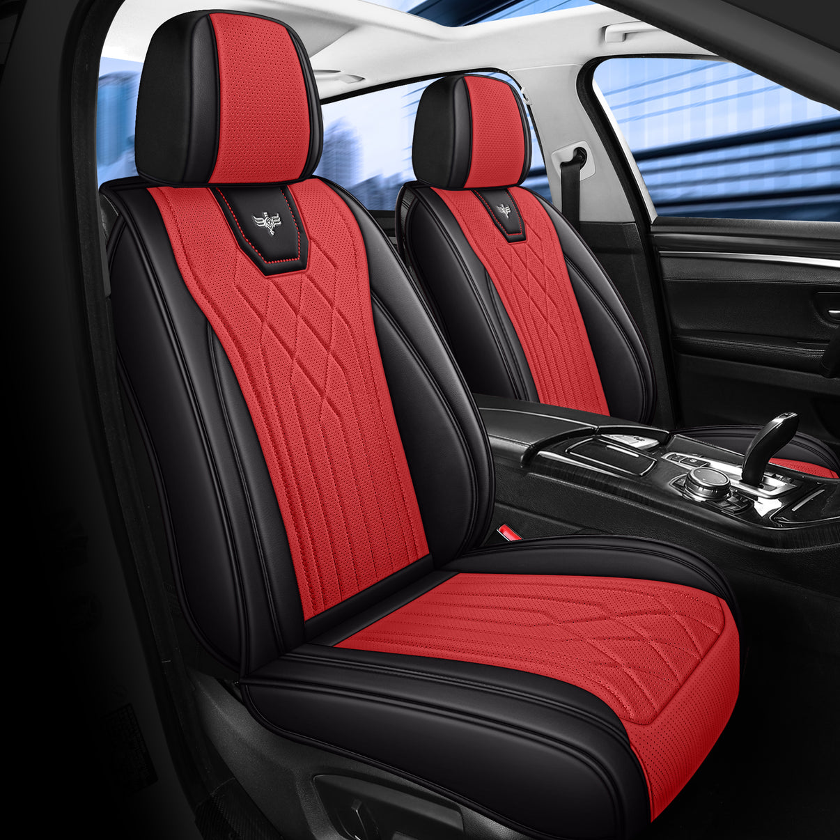 LINGVIDO Black_RED Car Seat Covers - Full Set Leather Seat Covers for