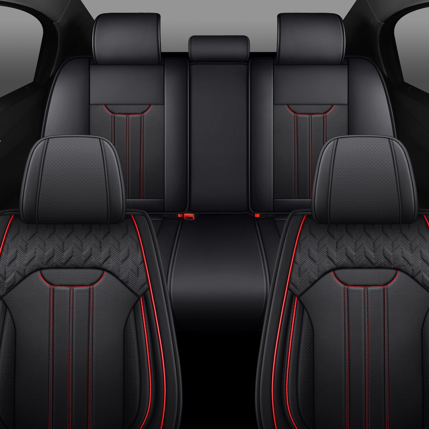 LINGVIDO Black & Redline Car Seat Covers - Full Set of Leather Interior Covers for Cars, Trucks & SUVs. Rear Seat Cover Included. Automotive Accessories.