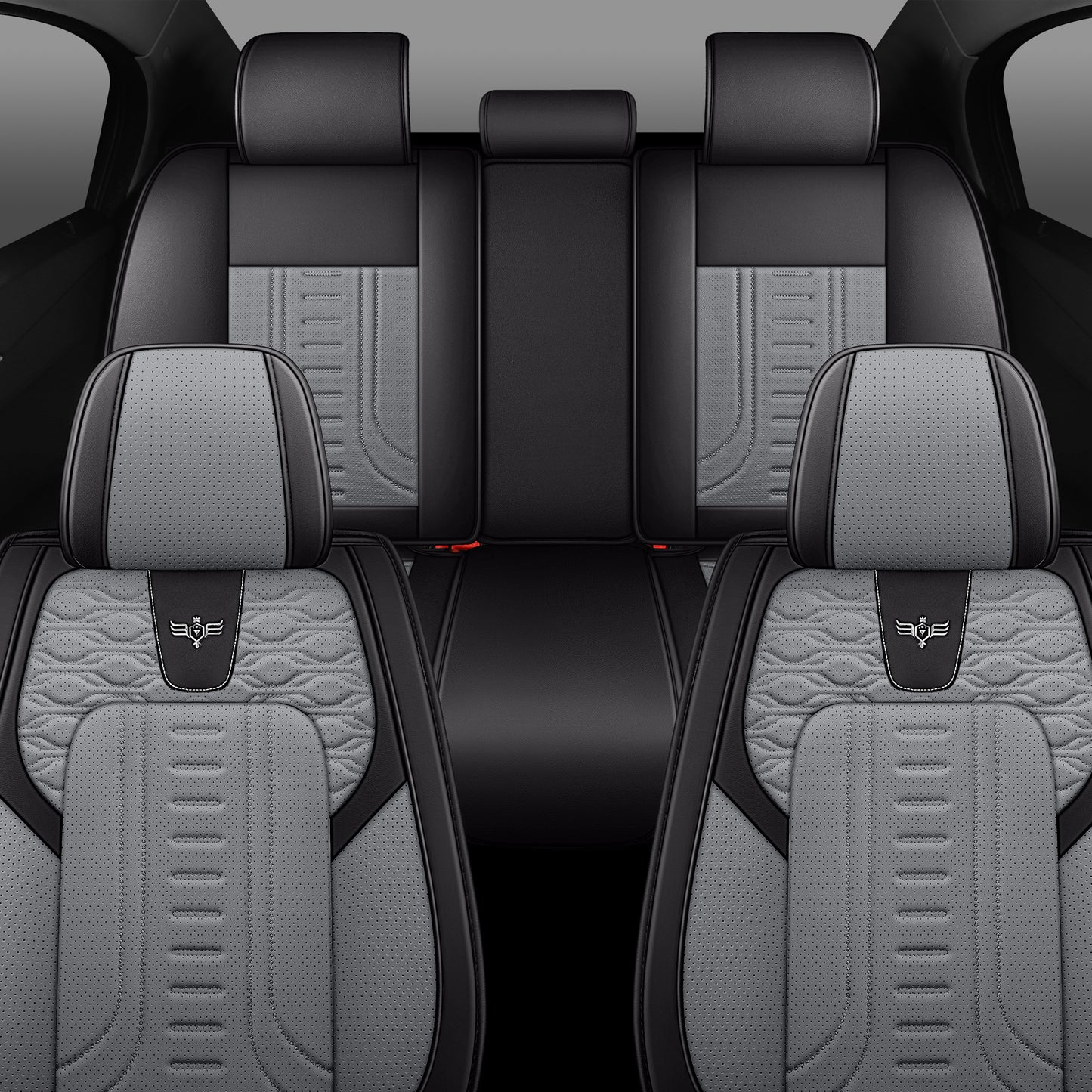 LINGVIDO Black_Grey Car Seat Covers - Full Set of Leather Interior Covers for Cars, Trucks & SUVs. Rear Seat Cover Included. Automotive Accessories