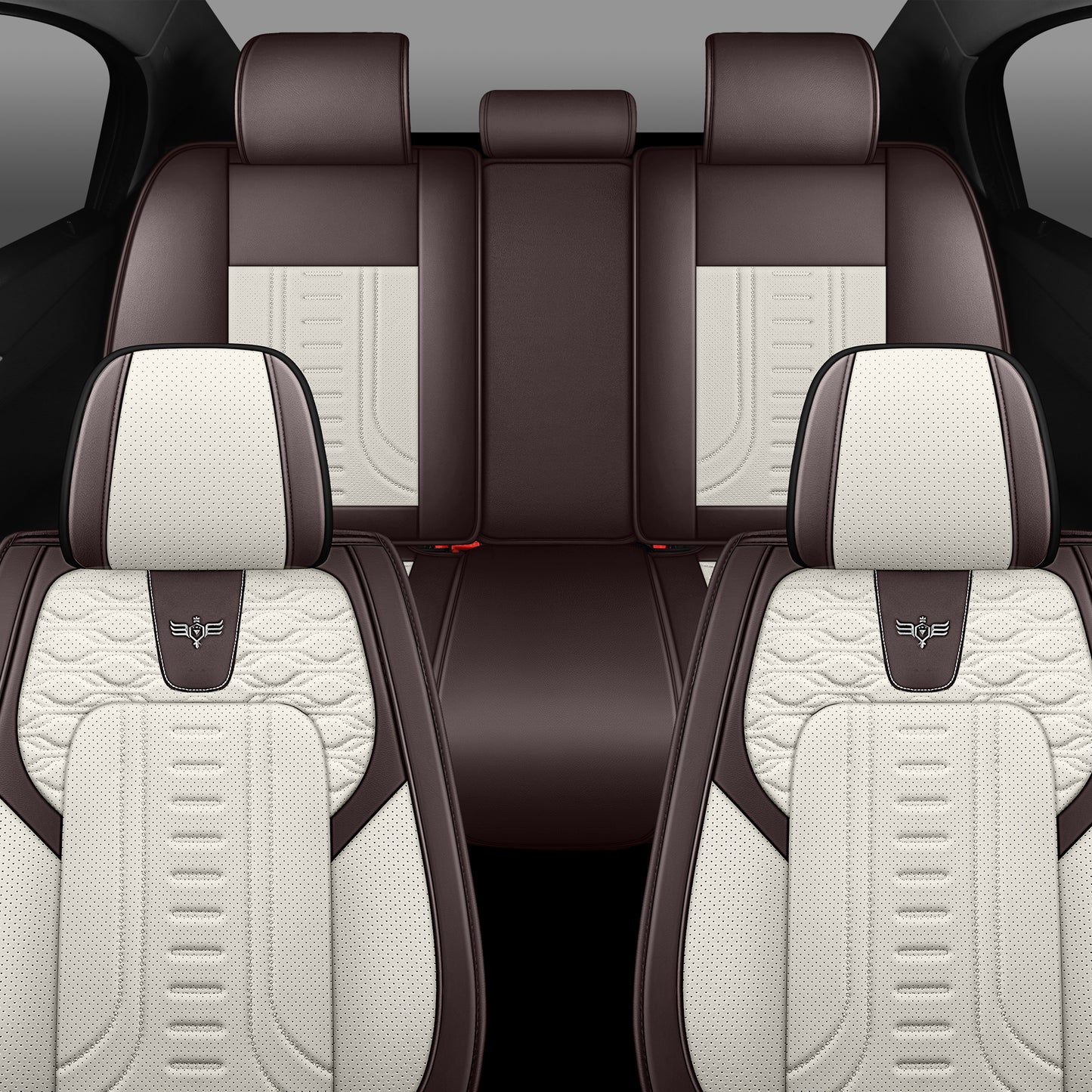 LINGVIDO Brown_White Car Seat Covers - Full Set of Leather Interior Covers for Cars, Trucks & SUVs. Rear Seat Cover Included. Automotive Accessories