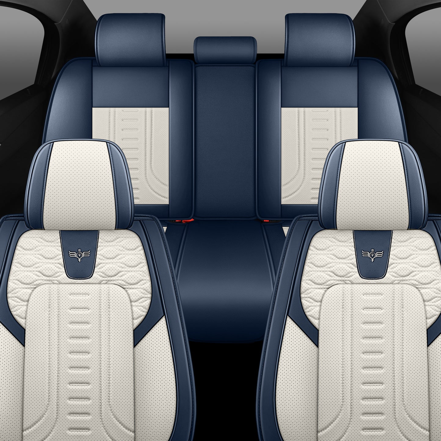 LINGVIDO Blue_White Car Seat Covers - Full Set of Leather Interior Covers for Cars, Trucks & SUVs. Rear Seat Cover Included. Automotive Accessories